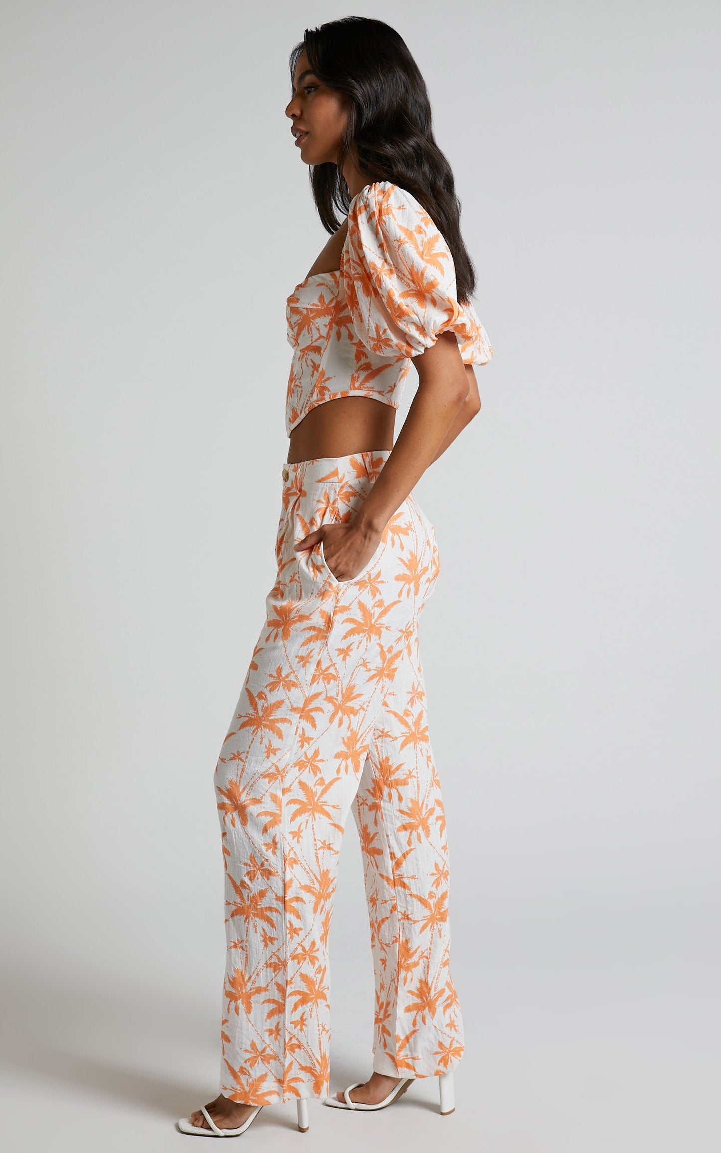 Fayella Top - Puff Sleeve Corset Bodice Top in Orange Palm