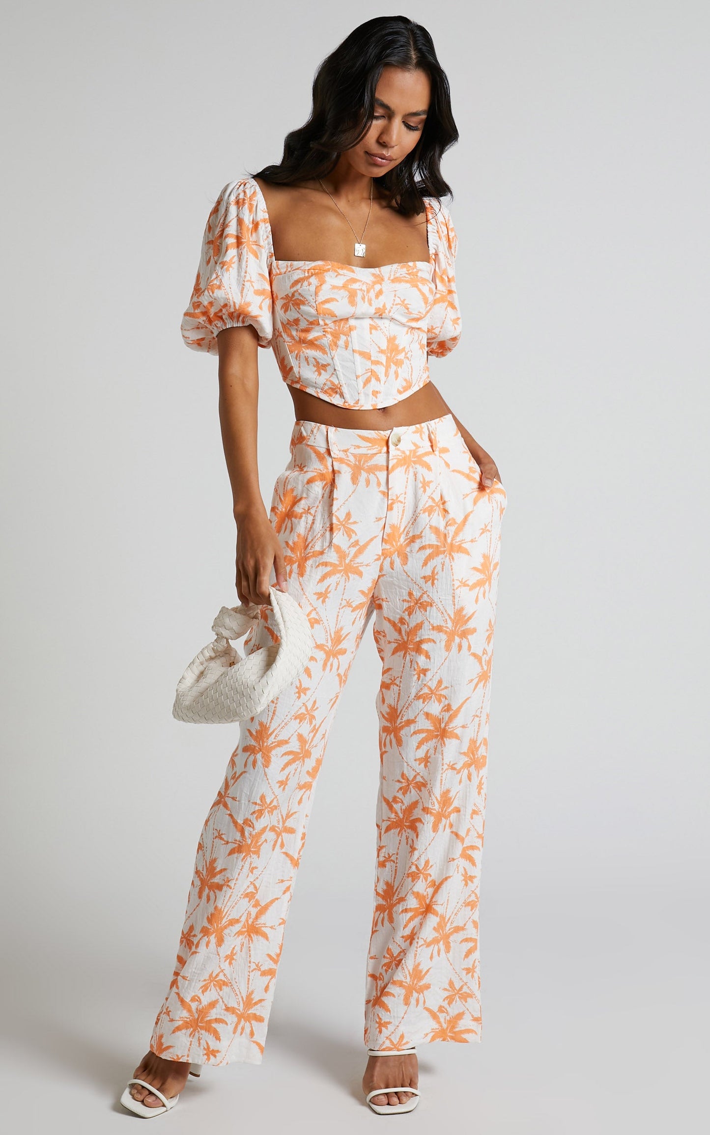 Fayella Top - Puff Sleeve Corset Bodice Top in Orange Palm