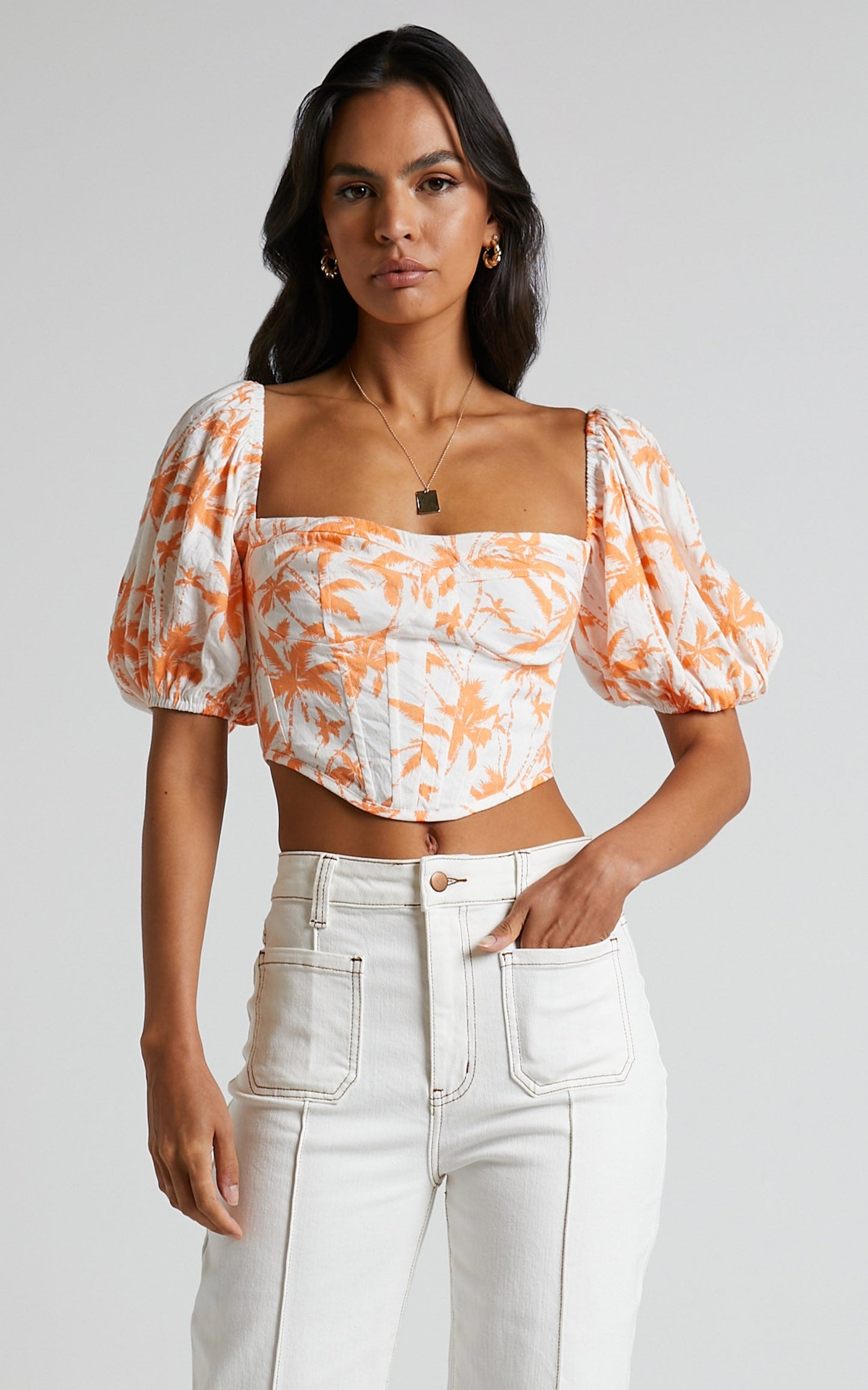 Fayella Top - Puff Sleeve Corset Bodice Top in Orange Palm