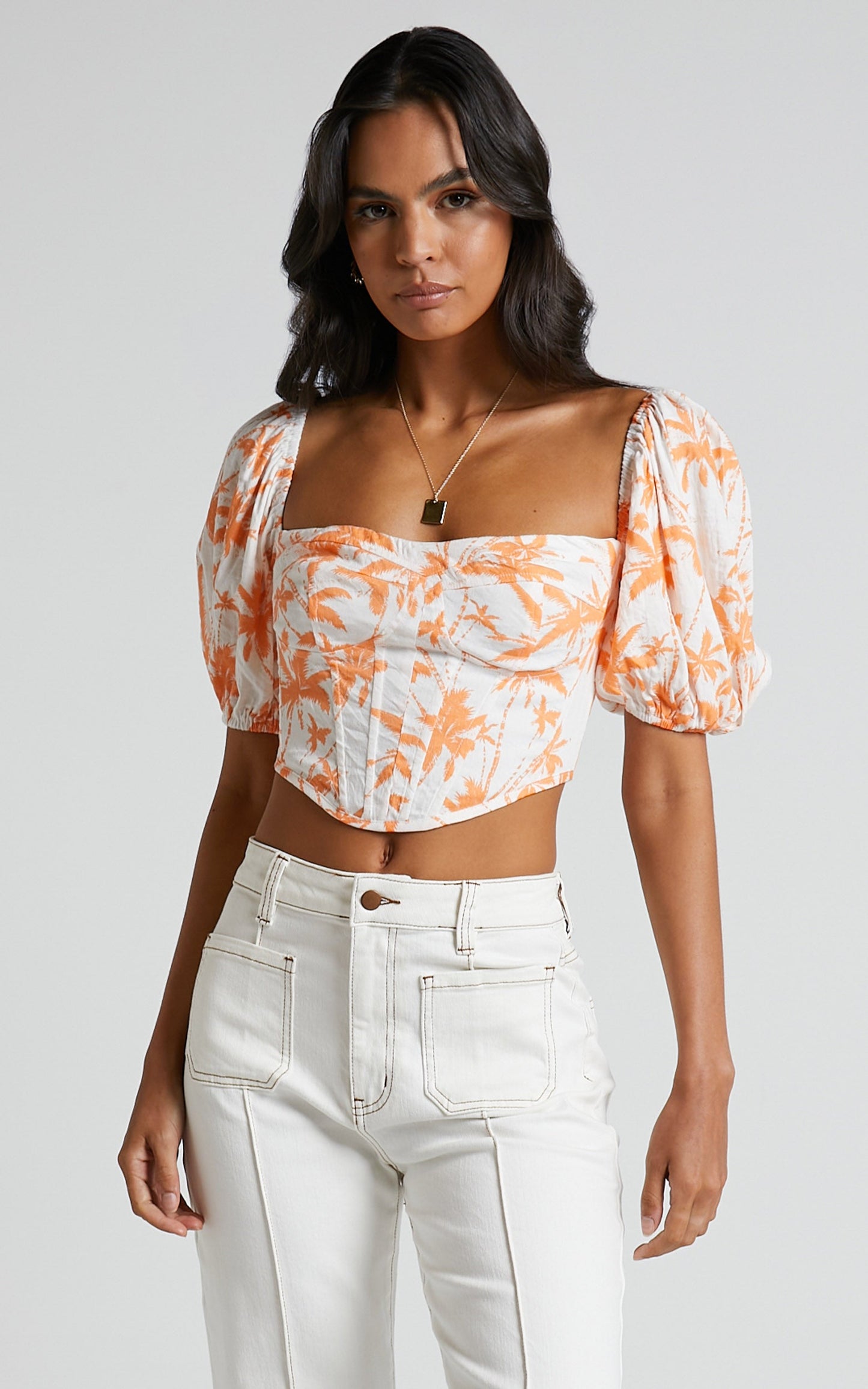 Fayella Top - Puff Sleeve Corset Bodice Top in Orange Palm