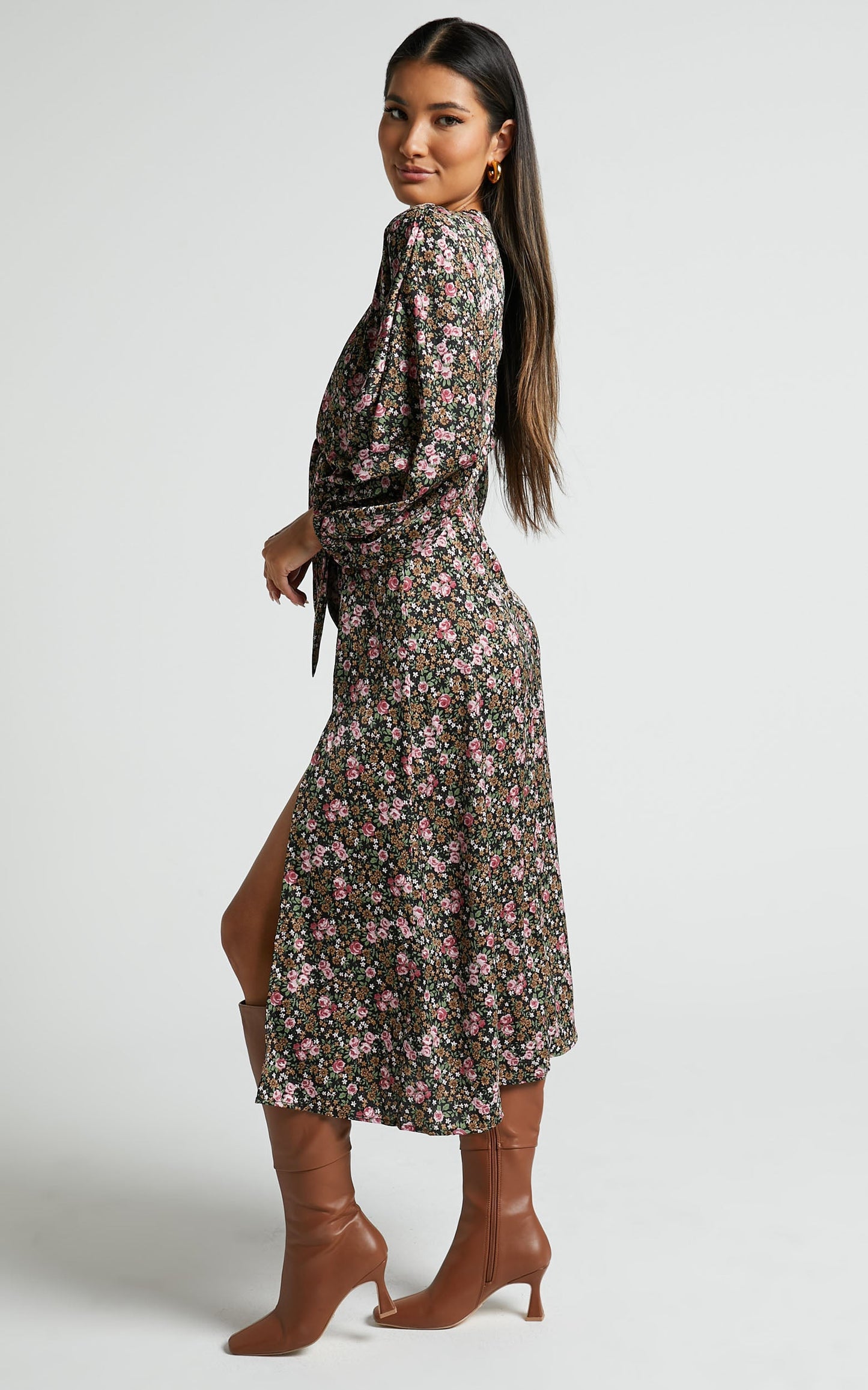 Fayette Midi Dress - Long Sleeve Tie Front Thigh Slit Dress in Black Floral