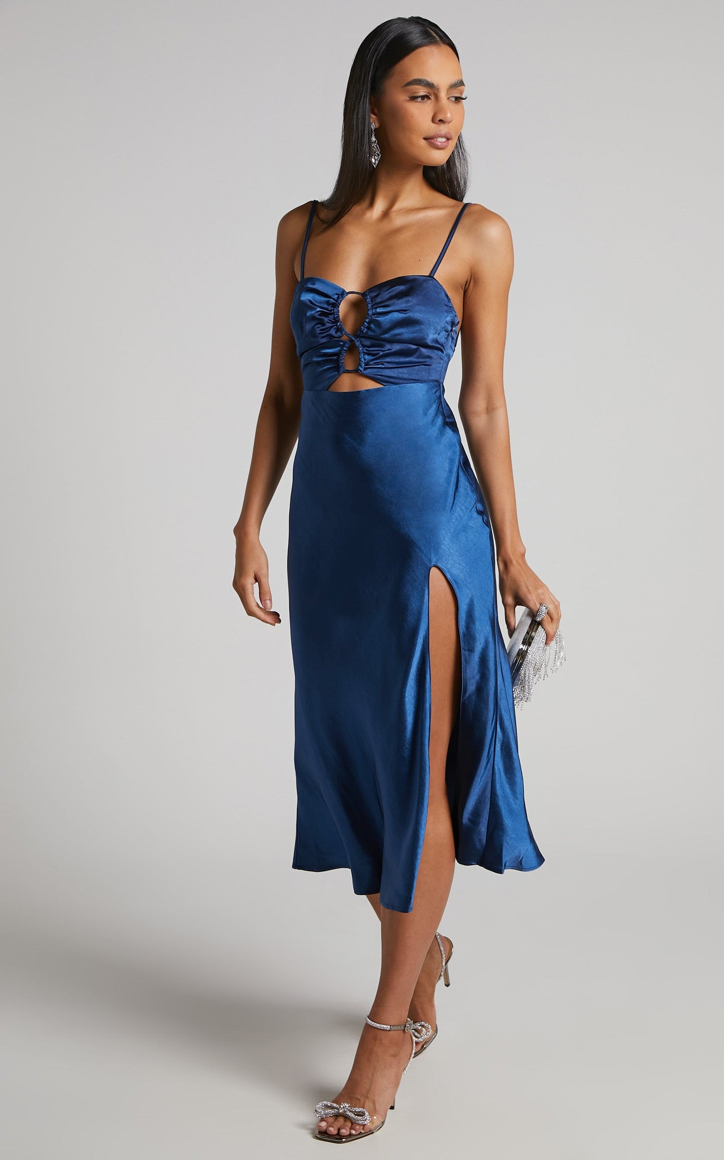Jianne Midi Dress - Cut Out Bias Cut Satin Slip Dress in Navy