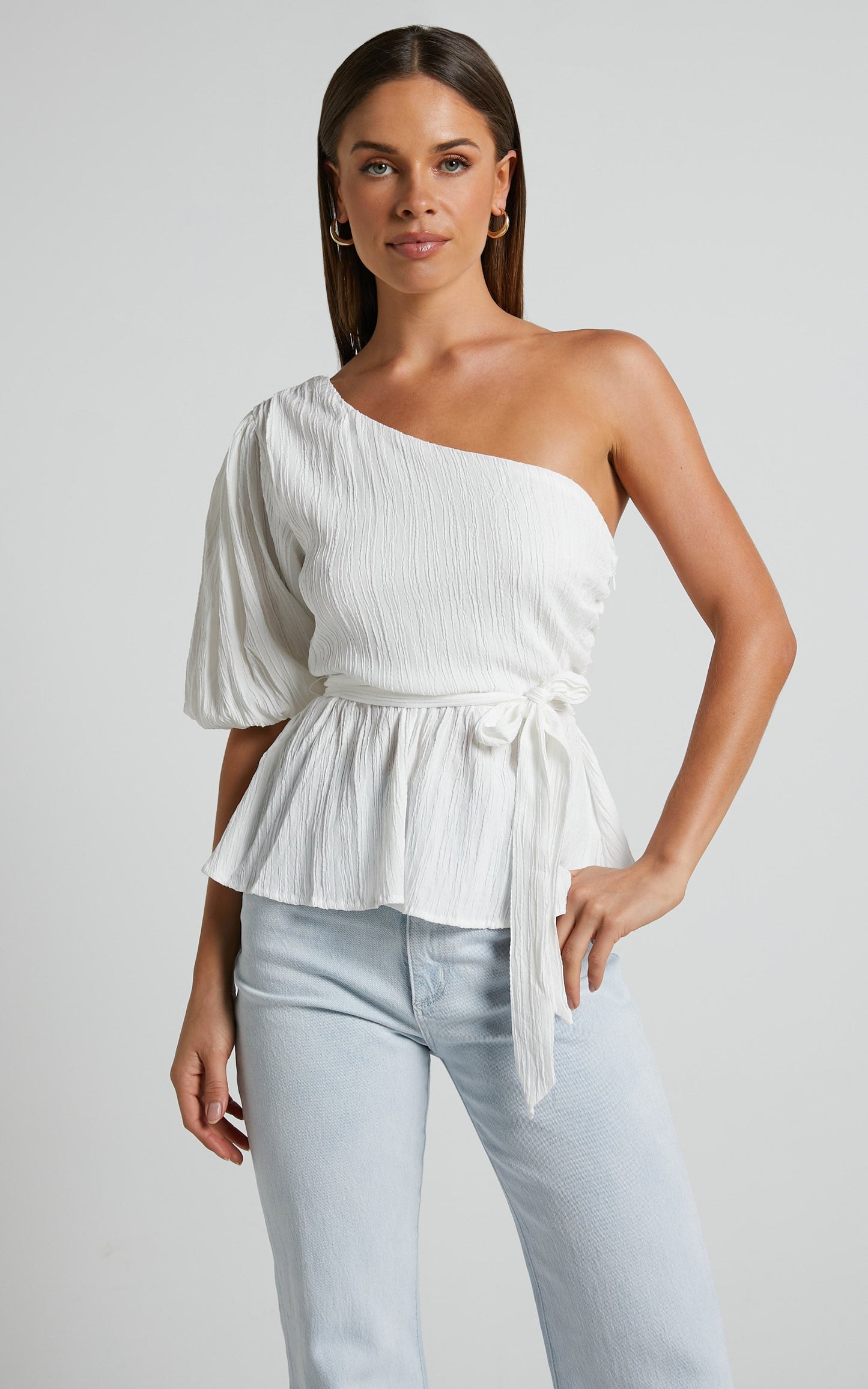 Feliah Top - One Shoulder Puff Sleeve Waist Tie Top in Ivory