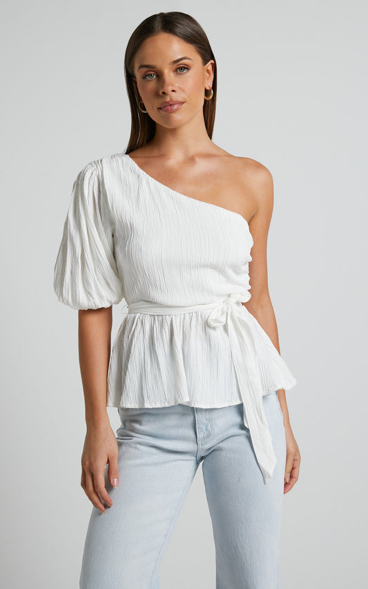 Feliah Top - One Shoulder Puff Sleeve Waist Tie Top in Ivory