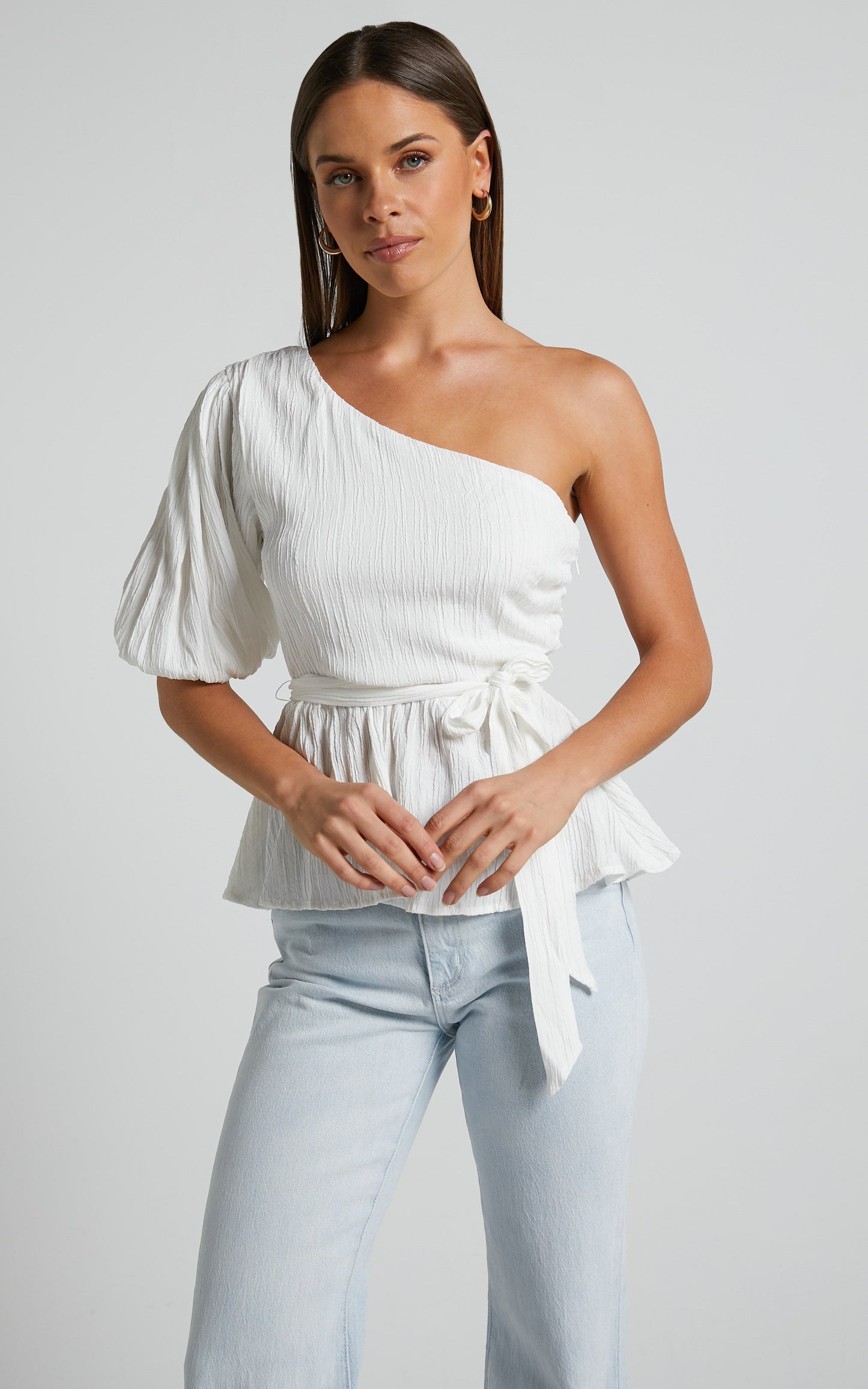 Feliah Top - One Shoulder Puff Sleeve Waist Tie Top in Ivory
