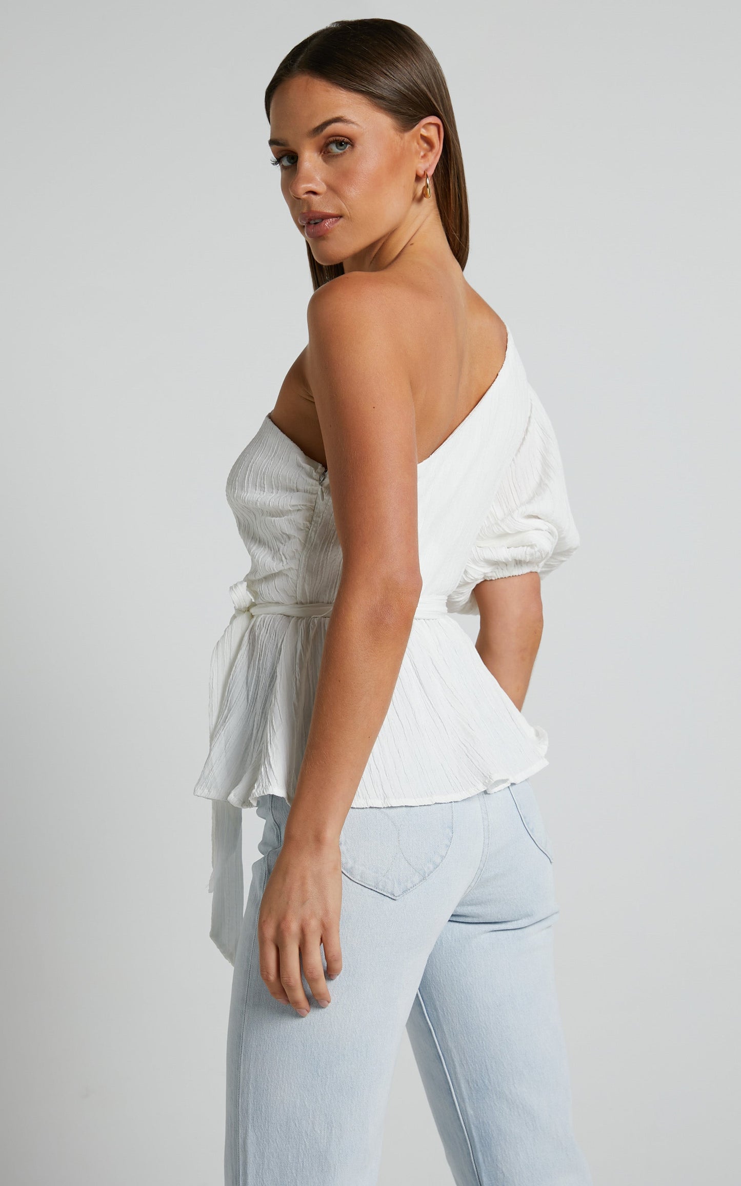 Feliah Top - One Shoulder Puff Sleeve Waist Tie Top in Ivory