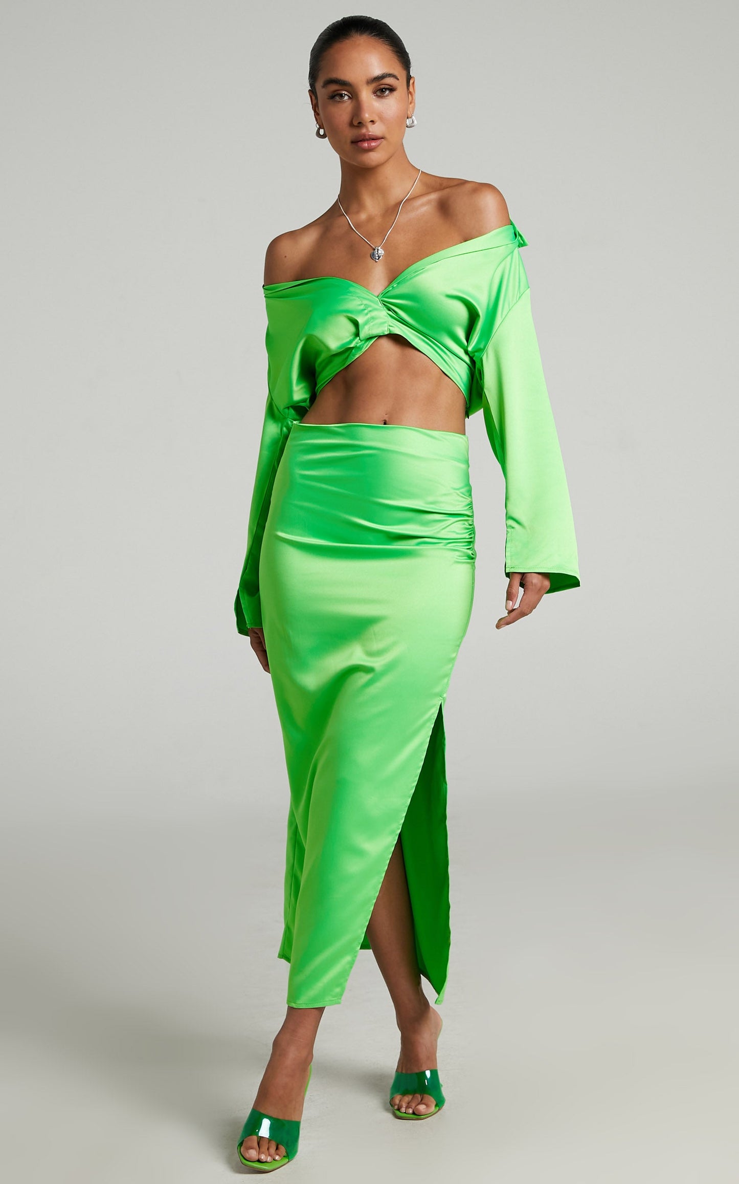 Felicia Two Piece Set - Long Sleeve Midi Skirt Set in Neon Green