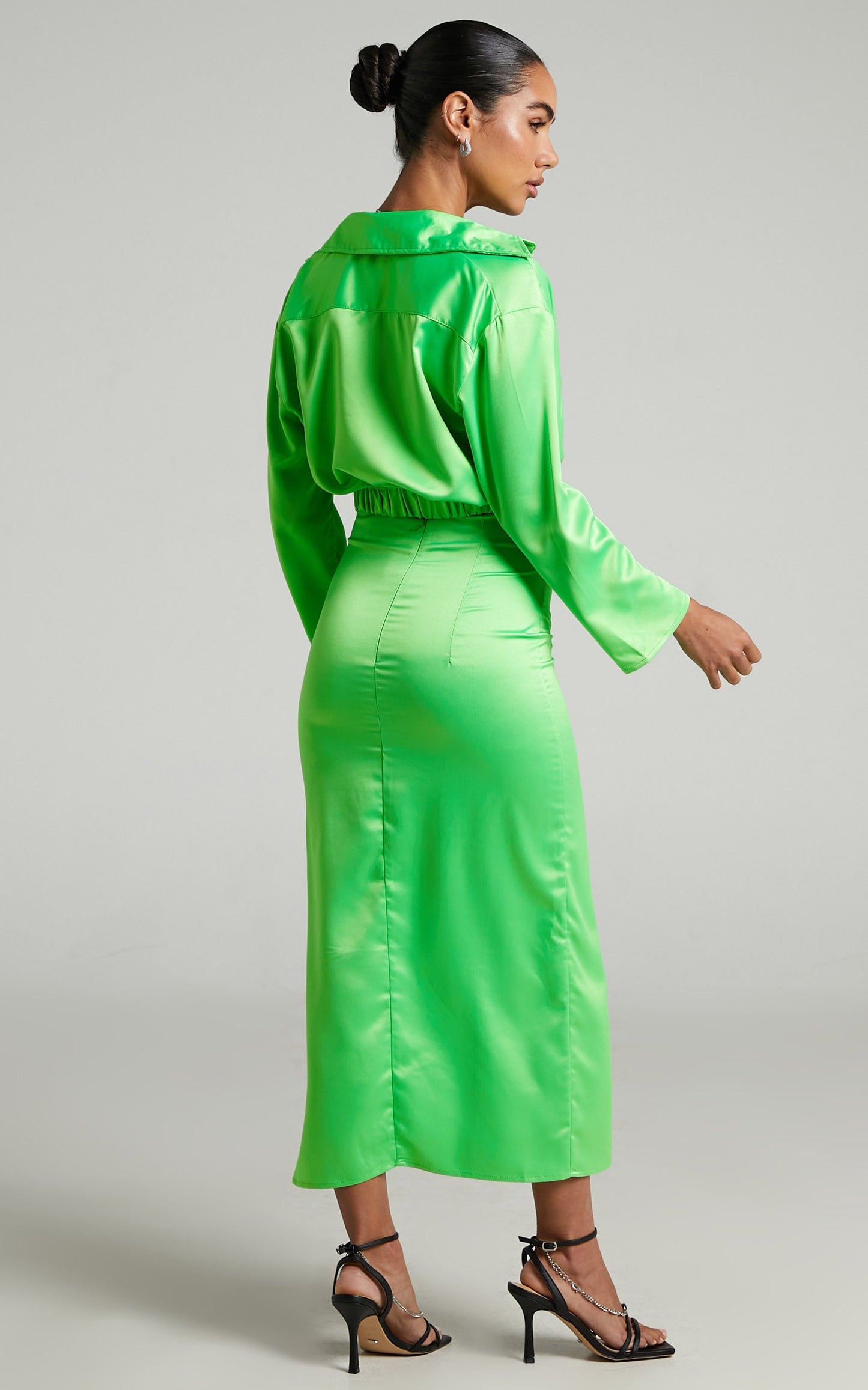 Felicia Two Piece Set - Long Sleeve Midi Skirt Set in Neon Green