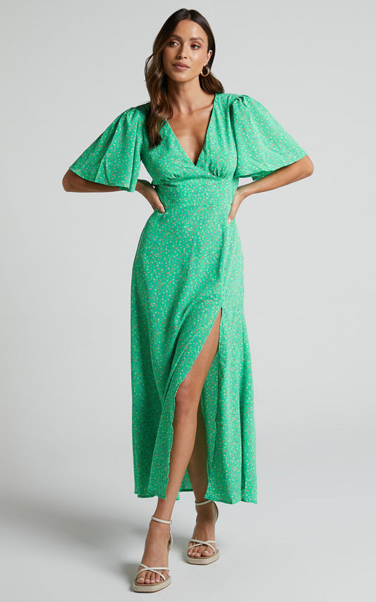 Feliza Midi Dress - Plunge Neck Flutter Sleeve Cut Out Back Dress in Green Floral