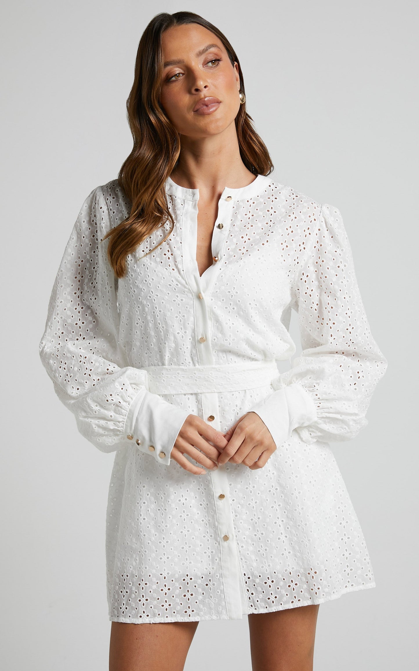 Felize Mini Dress - Broderie Anglaise Shirt Dress in White