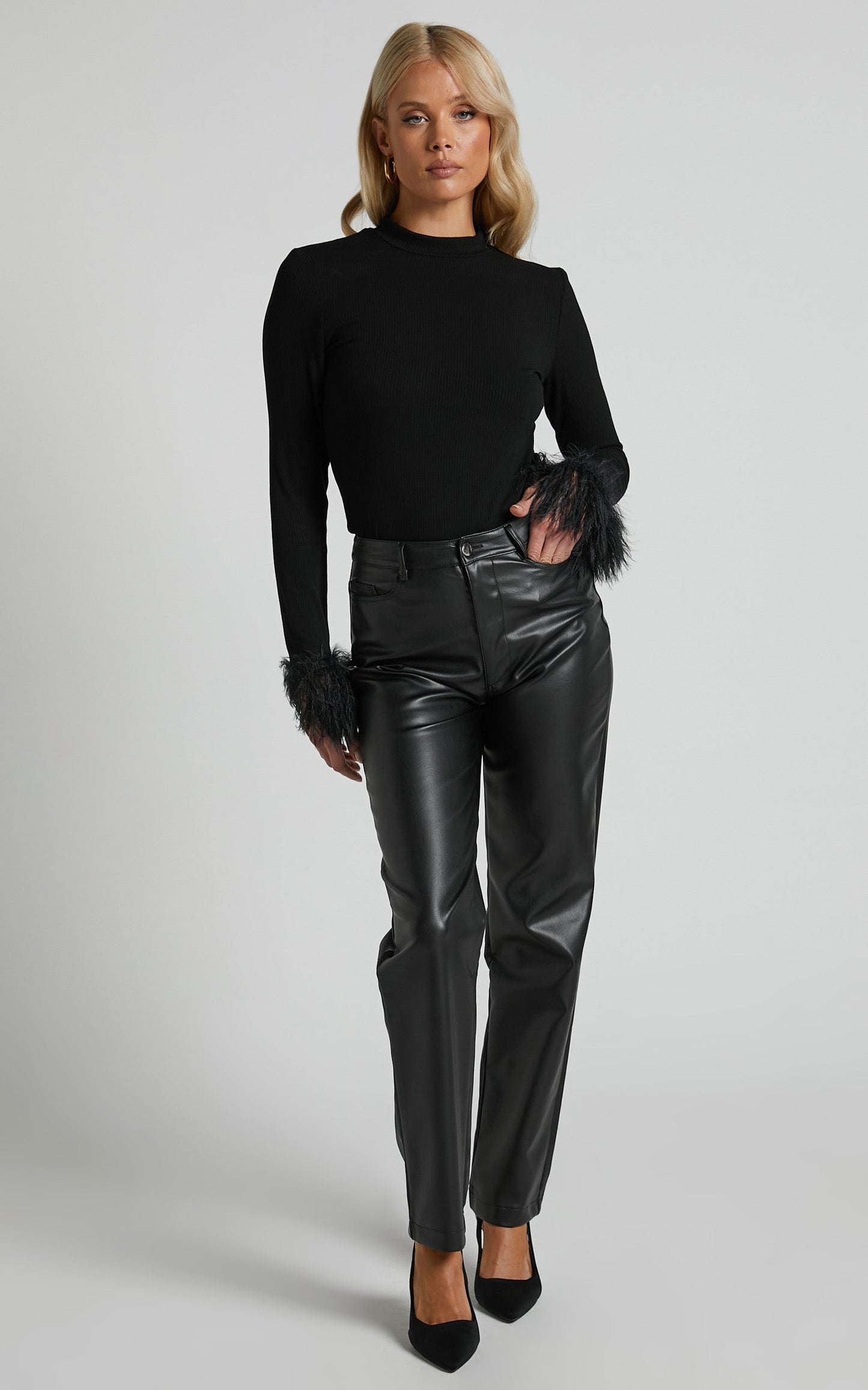 Feolla Long Sleeve Top - Rib Top with Faux Feather Trim in Black