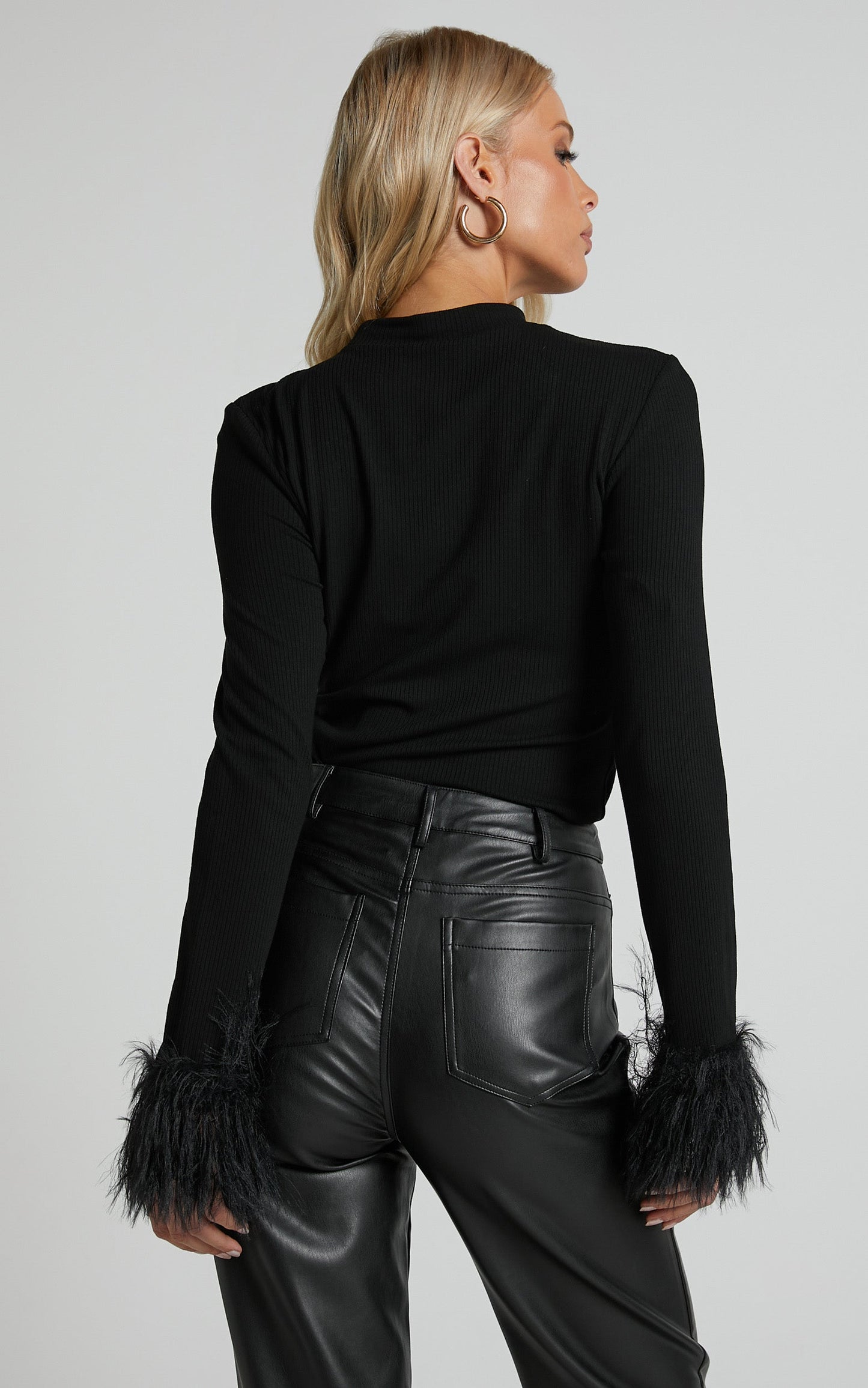 Feolla Long Sleeve Top - Rib Top with Faux Feather Trim in Black