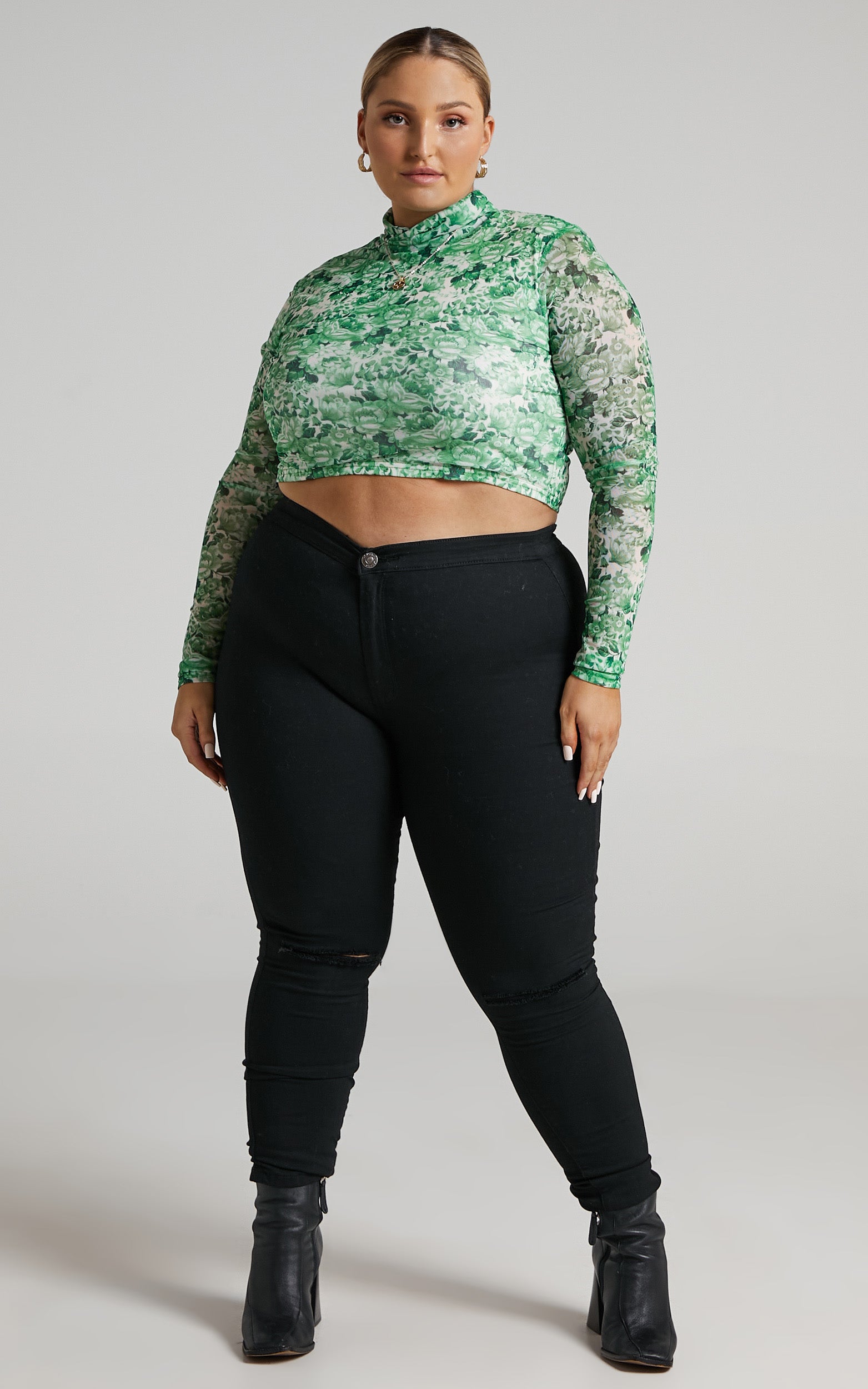 Fergal Top - Mesh Crop Top in Green Furnishing Floral