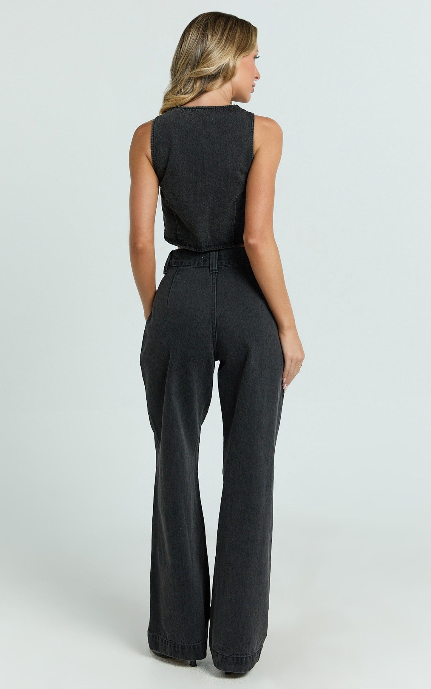 Fergie Top - Denim Crop Vest Top in Washed Black