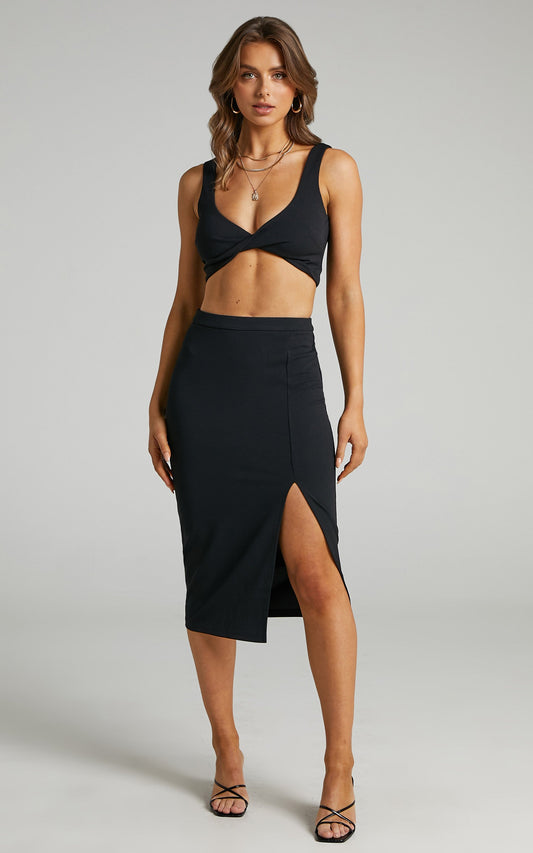 Fern Twist Detail Midi Two Piece in Black