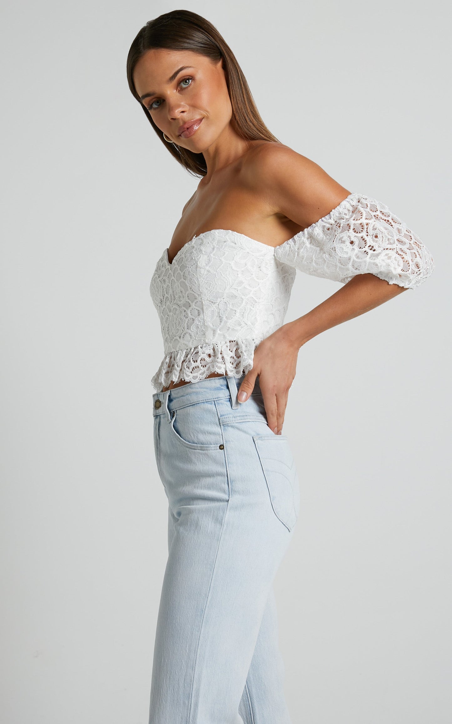 Fhely Top - Lace Puff Sleeve Corset Top in White