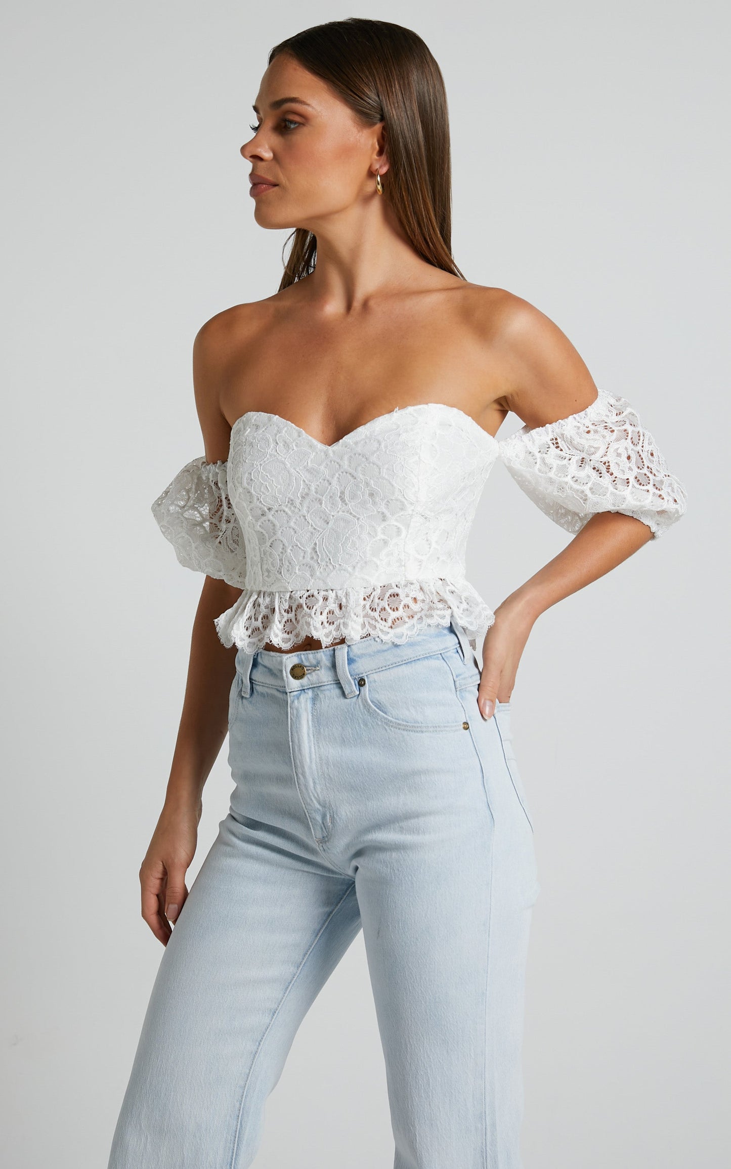 Fhely Top - Lace Puff Sleeve Corset Top in White