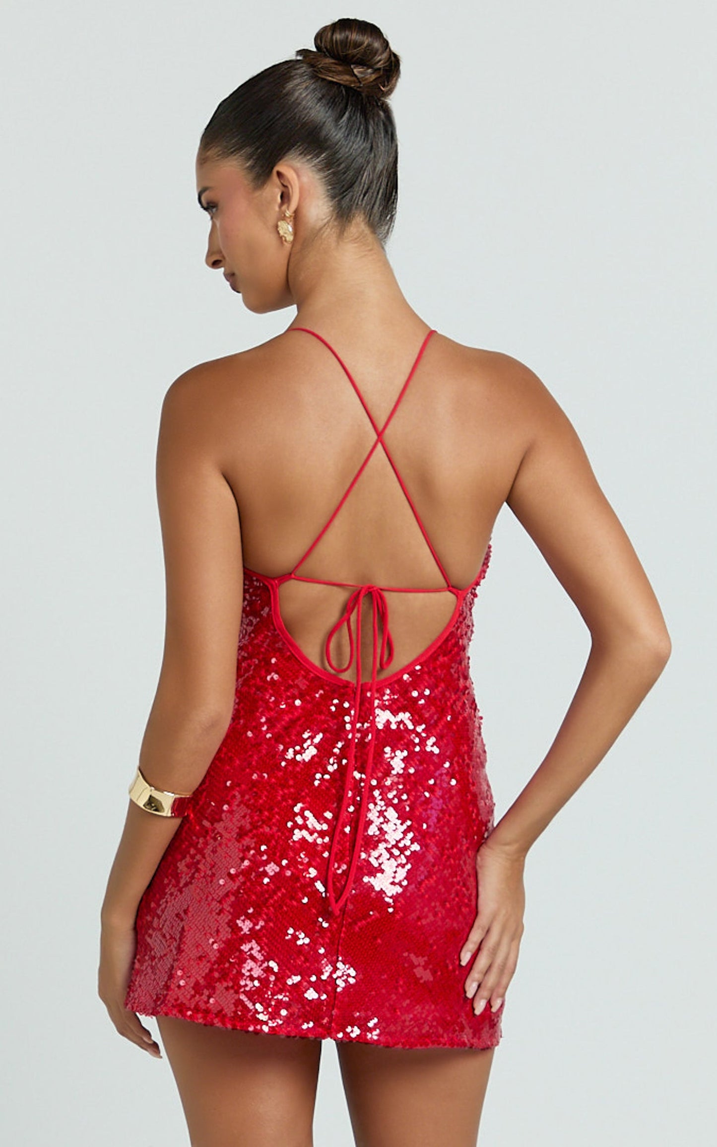 Finn Mini Dress - Plunge Neck Sheer Sequin Dress in Red