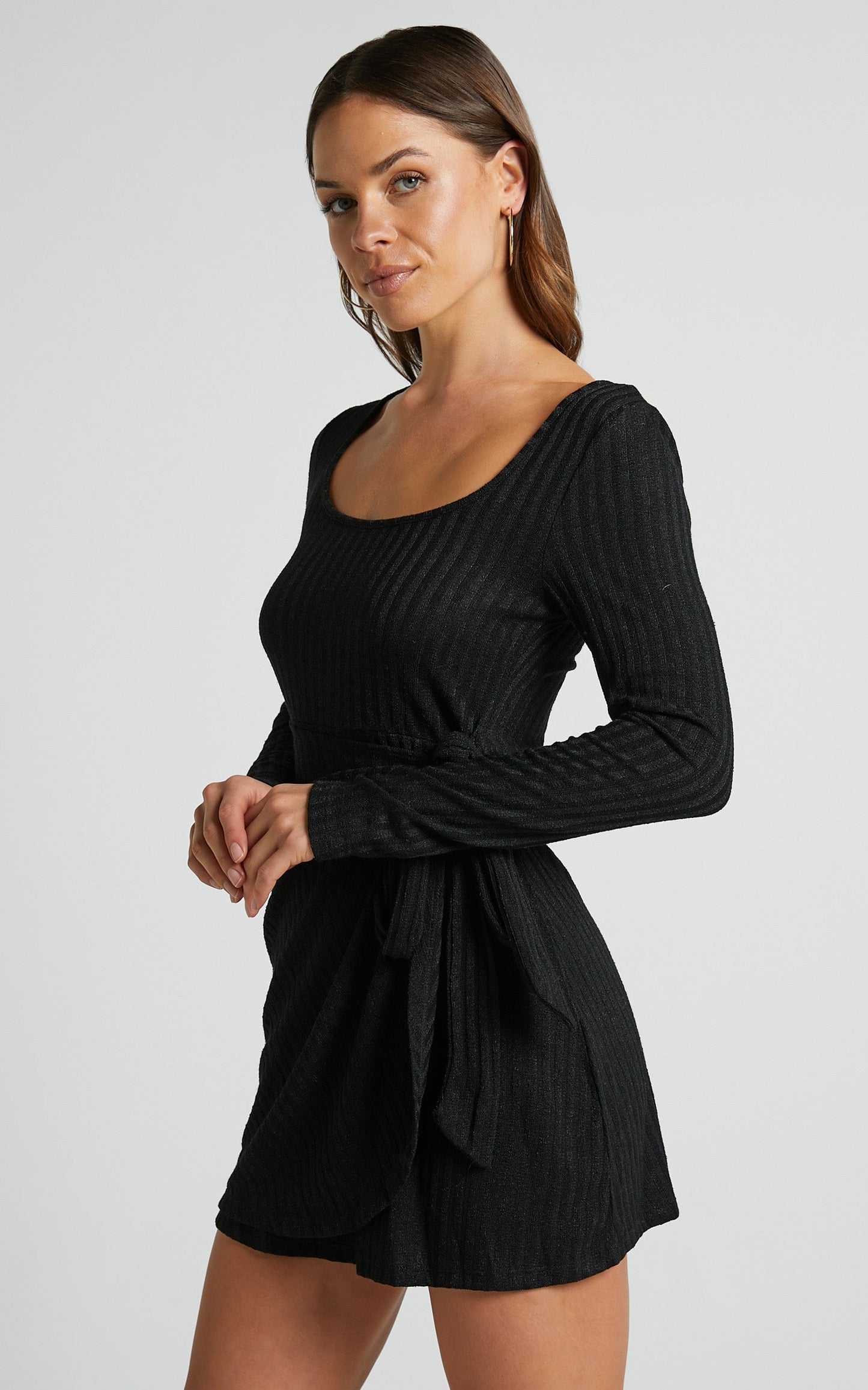 Firth Mini Dress - V-neck Long Sleeve Wrap Front Dress in Black