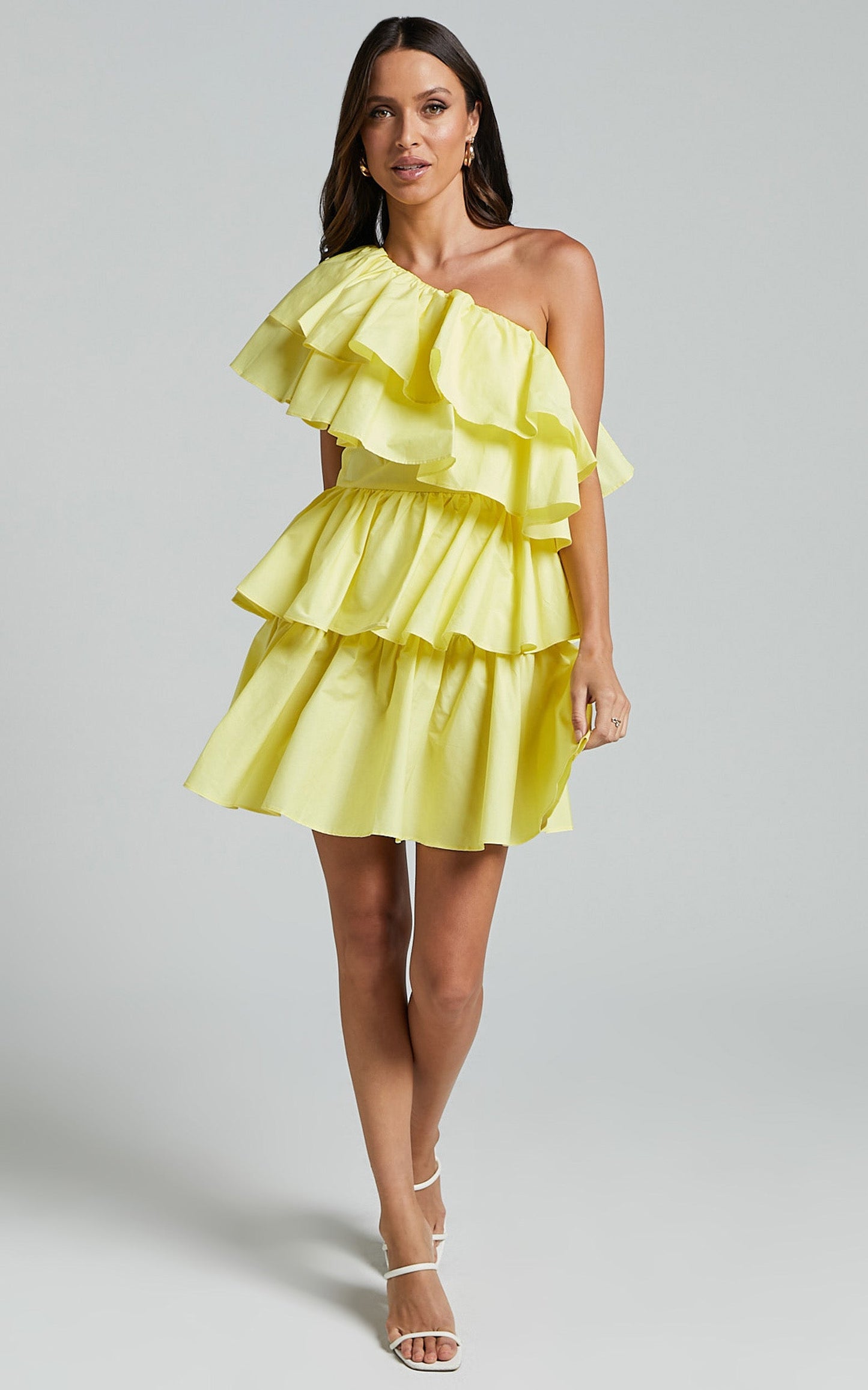 Flora Mini Dress - One Shoulder Tiered Dress in Sun Yellow