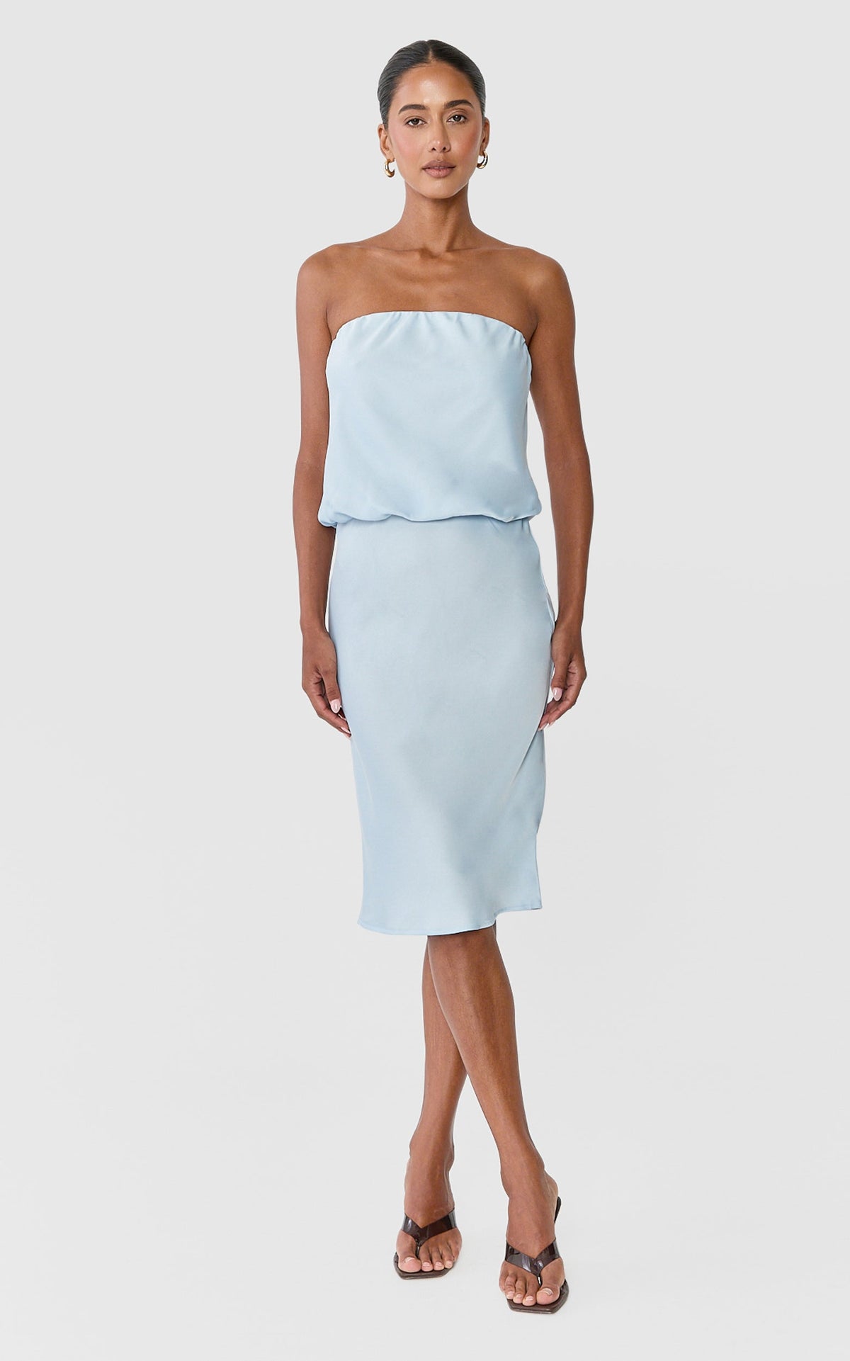 Floriane Midi Dress - Strapless Drop Waist Dress in Light Blue