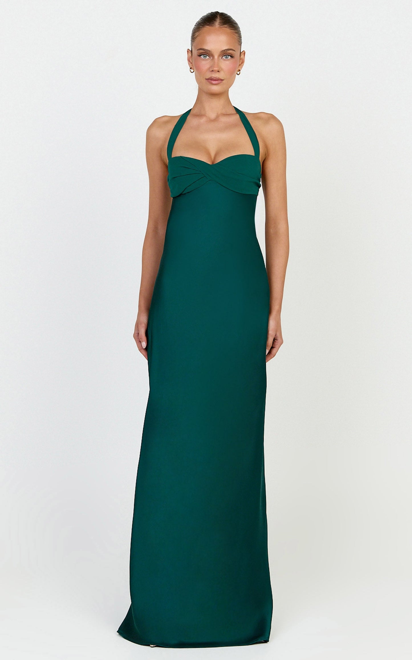 Flynn Maxi Dress - Satin Halter Sweetheart Neck Dress in Emerald