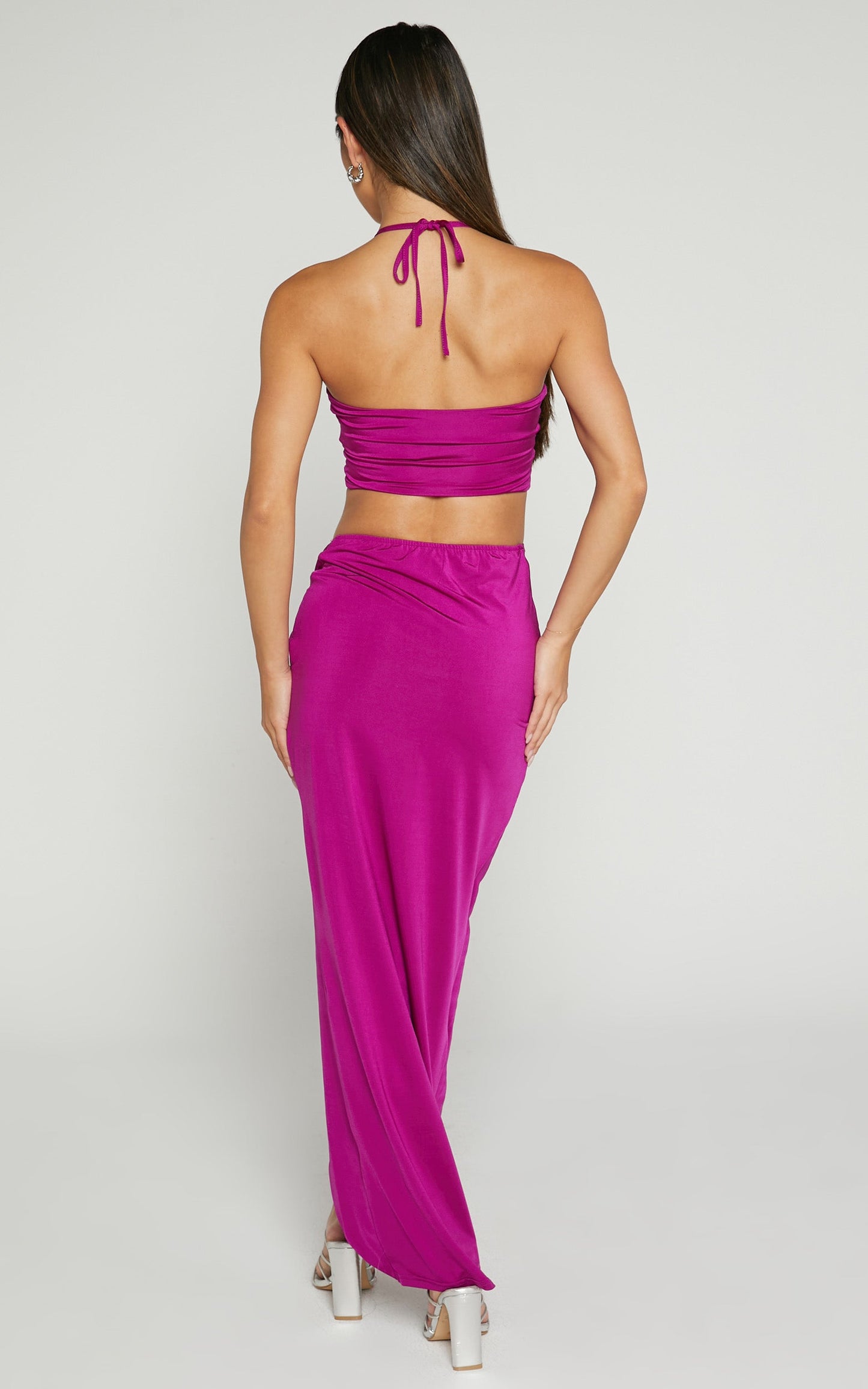 Forrest Two Piece Set - Halter Neck Top and Twist Midi Skirt Set in Berry