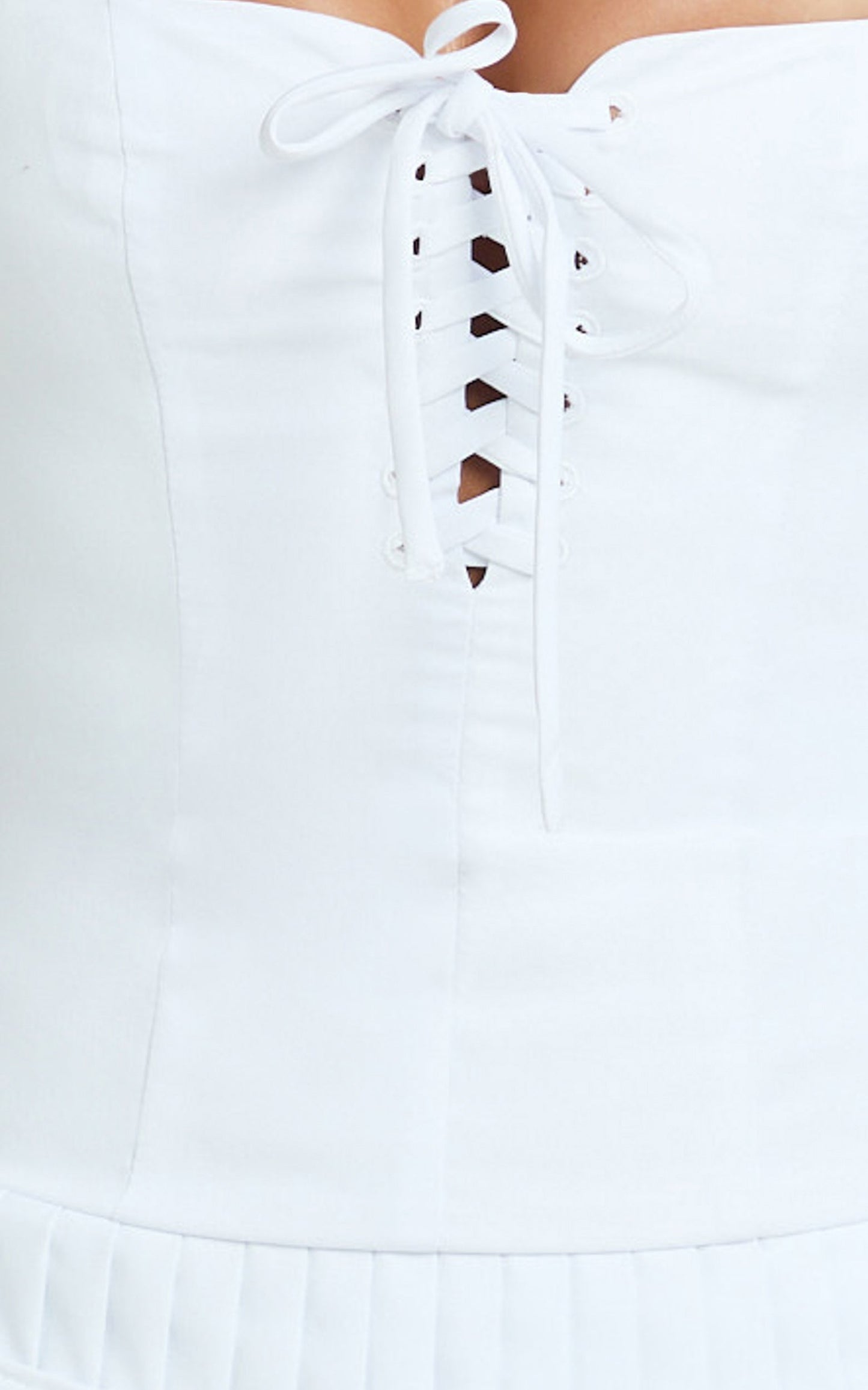 Fraida Mini Dress - Lace Front Dropped Waist Pleated Dress in White