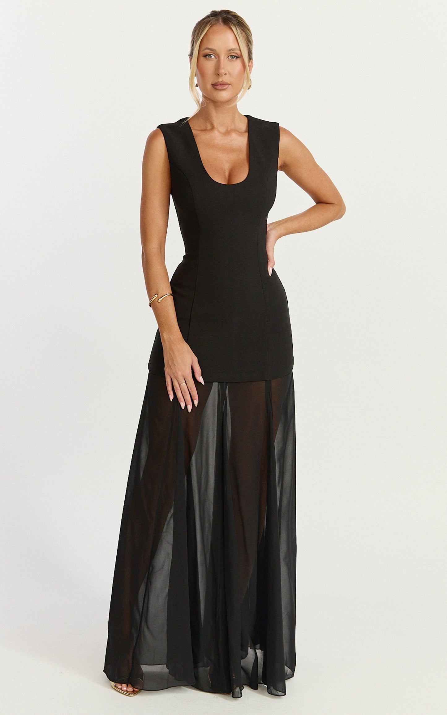 Frances Maxi Dress - Contrast U Neck Godet A Line Dress in Black