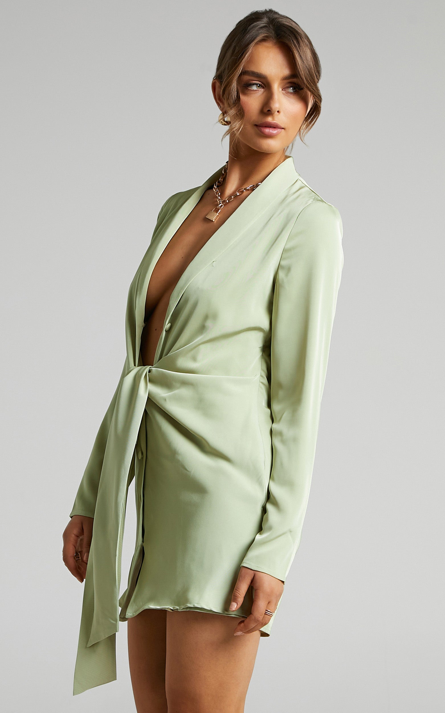 Francine Mini Dress - Lapel Shirt Dress in Green