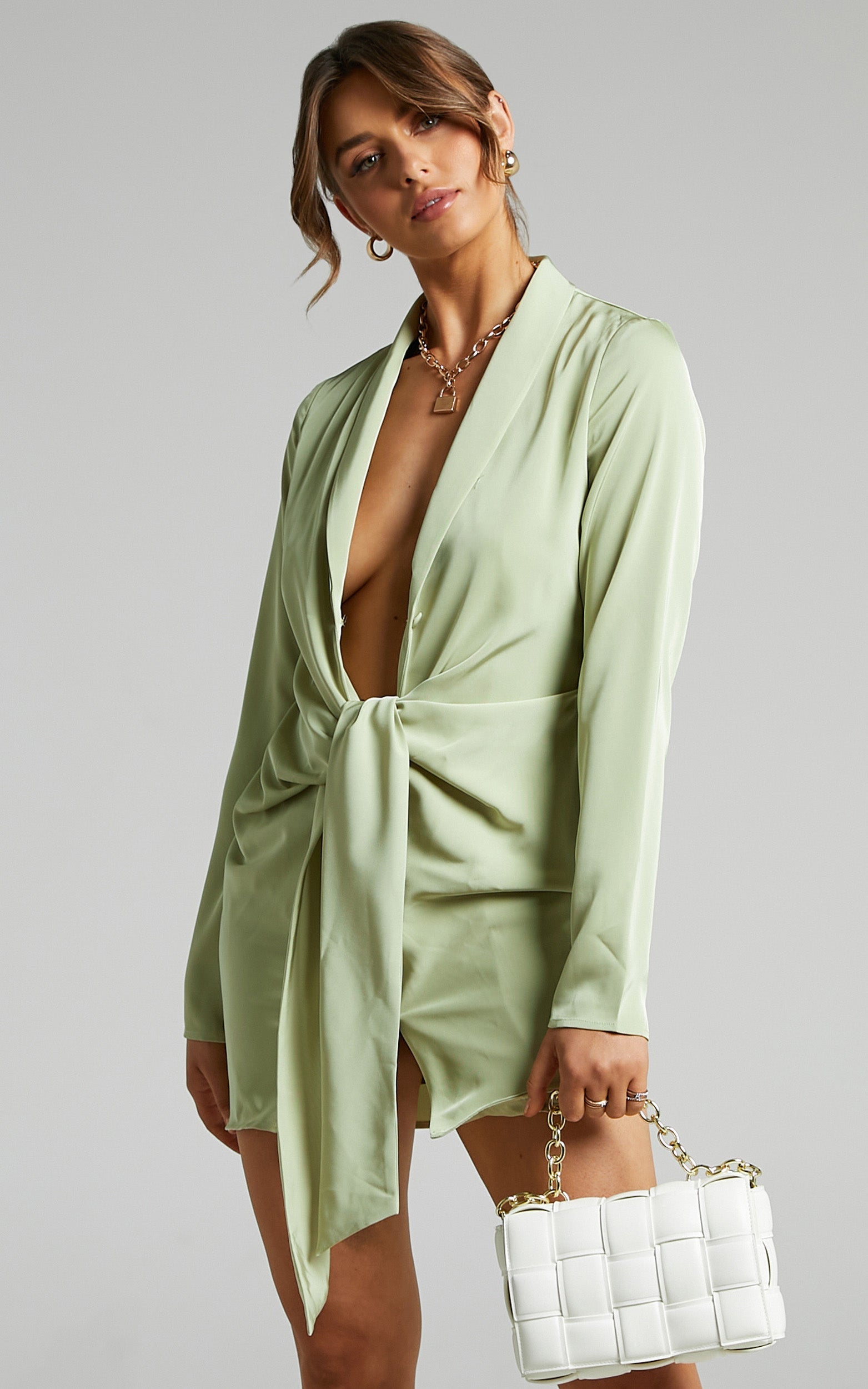 Francine Mini Dress - Lapel Shirt Dress in Green
