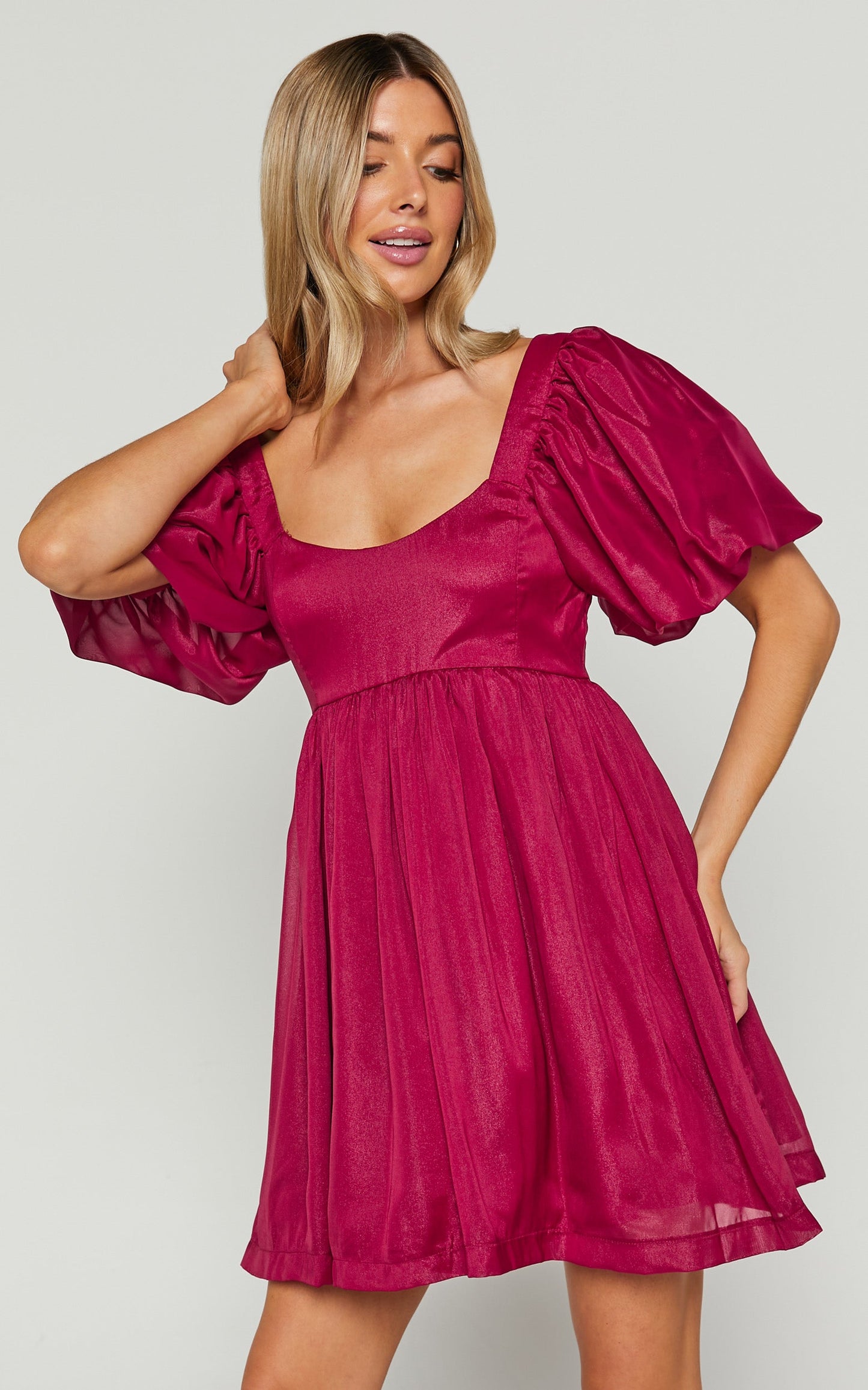 Francis Mini Dress - Puff Sleeve Dress in Mulberry