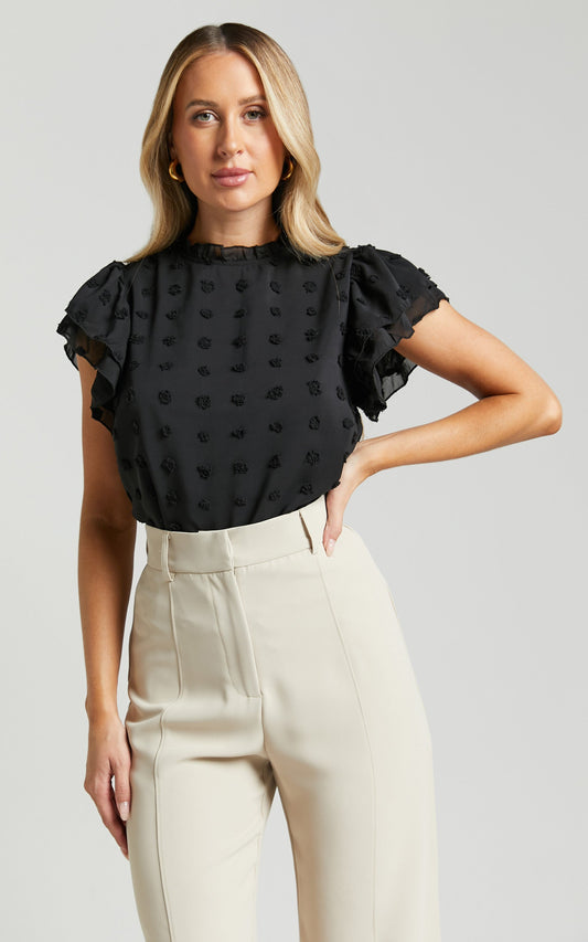 Franze Top - High Neck Short Flutter Sleeve Blouse in Black