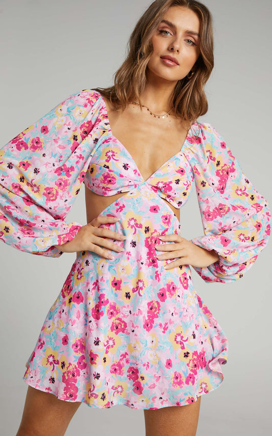 Frederica Tie Back Long Sleeve Mini Dress in Pink Panther