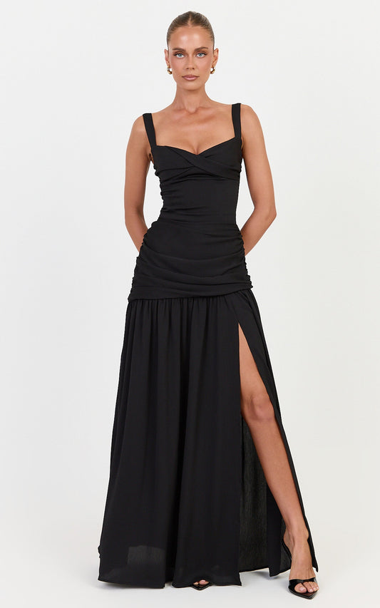 Freya Maxi Dress - Twist Bust Detail Drop Waist Dress in Black