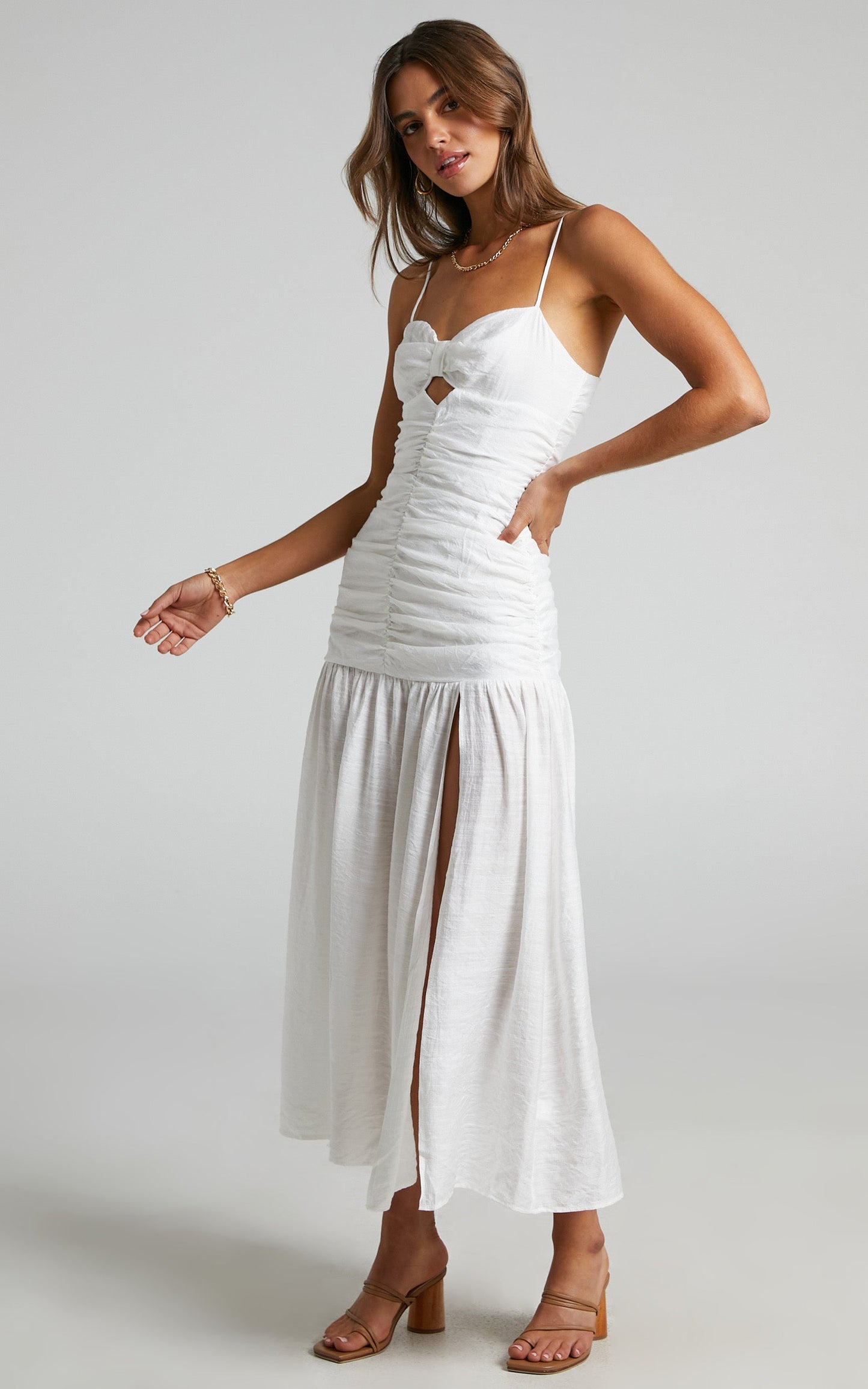 Frieda Midi Dress - Ruched Front Cut Out Dress in White