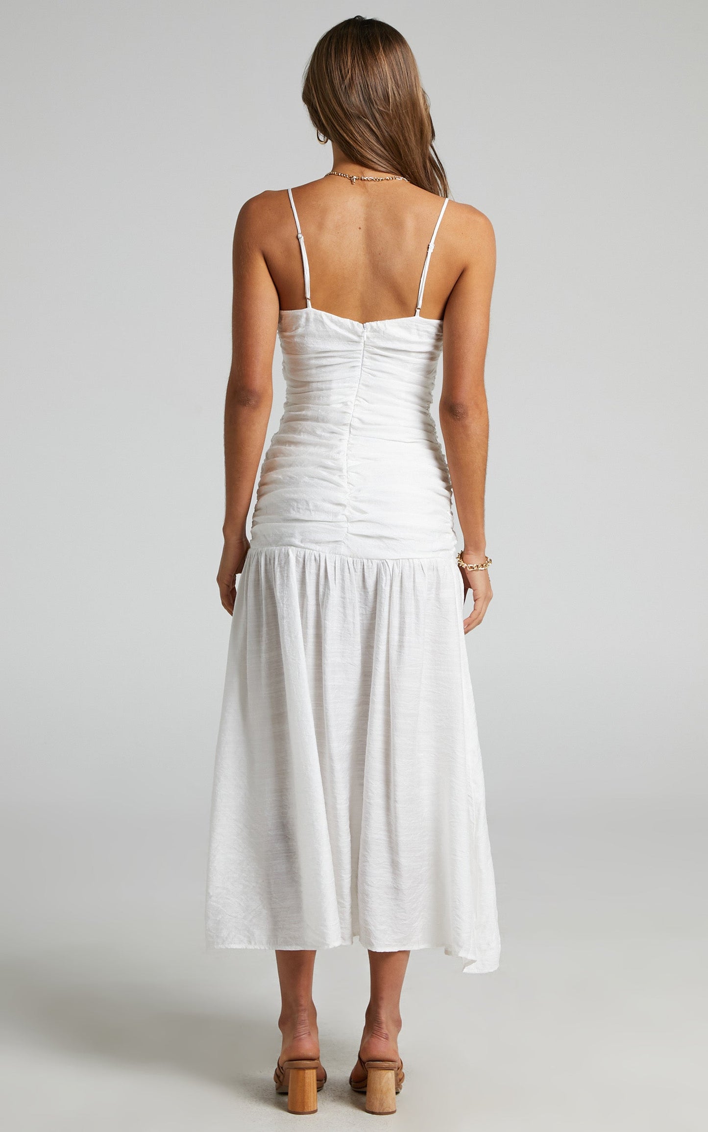 Frieda Midi Dress - Ruched Front Cut Out Dress in White