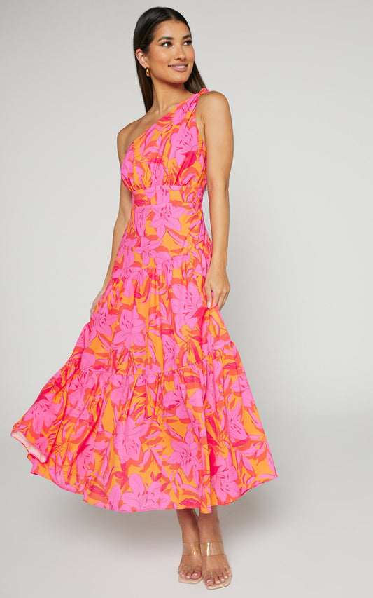 Georgine Midi Dress - One Shoulder Ruched Tiered Dress in PINK AND ORANGE