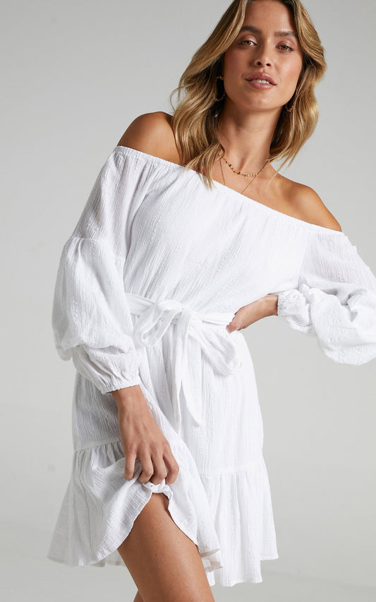 Getting It Right The First Time Off Shoulder Mini Dress in White