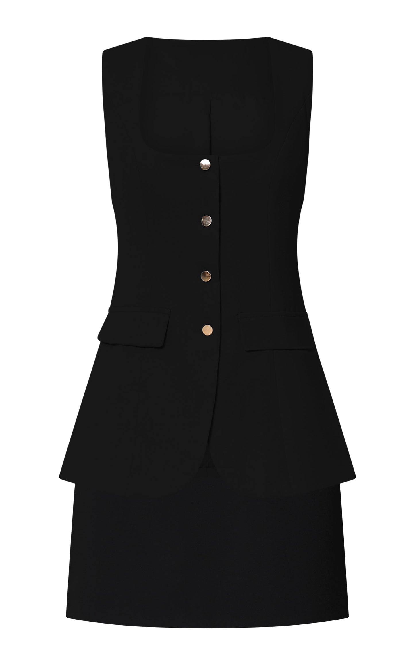 Phyllis Two Piece Set - Tailored Scoop Neck Vest Top and A Line Mini Skirt Set with Gold Buttons in Black