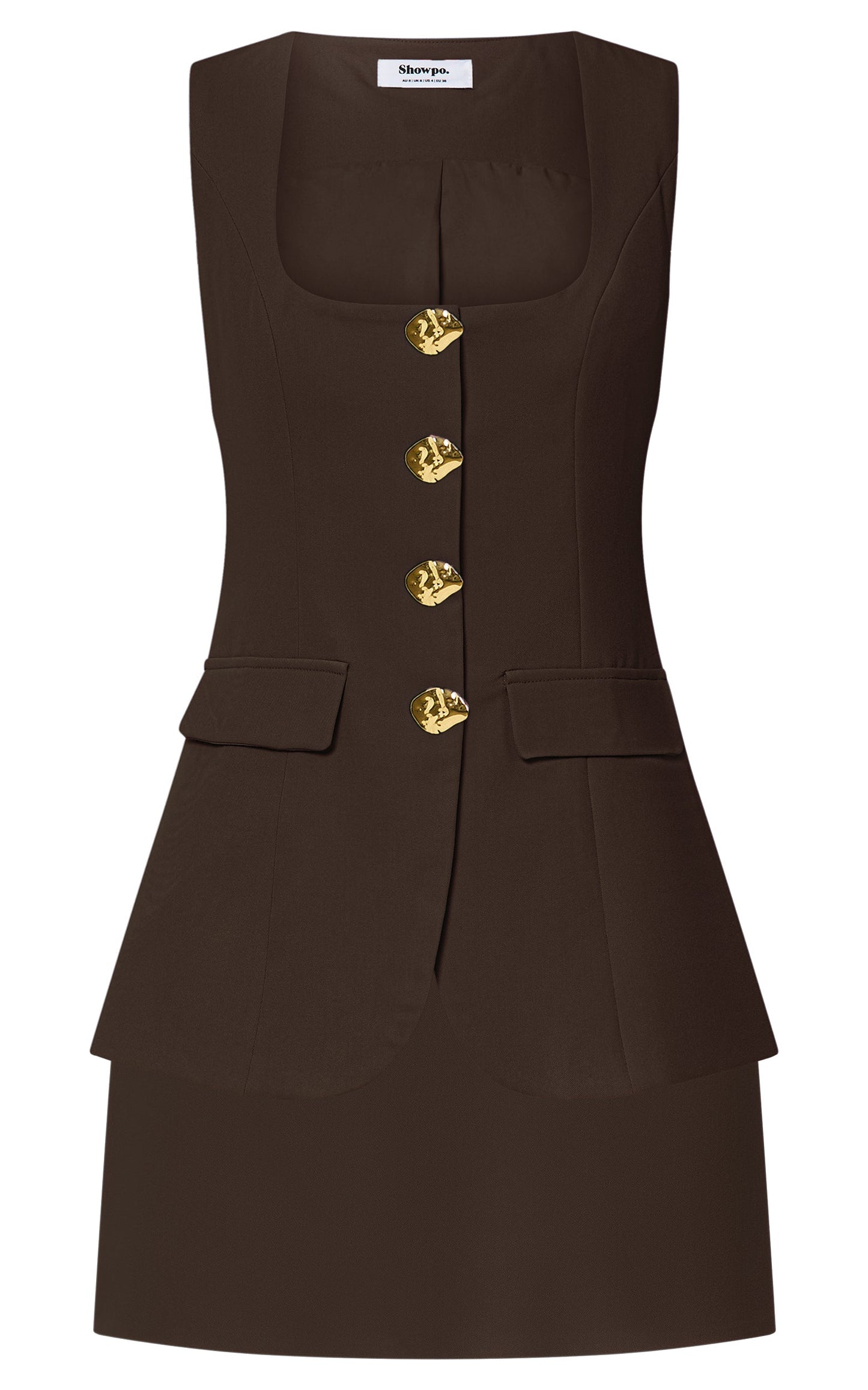 Phyllis Two Piece Set - Tailored Scoop Neck Vest Top and A Line Mini Skirt Set with Gold Buttons in Chocolate