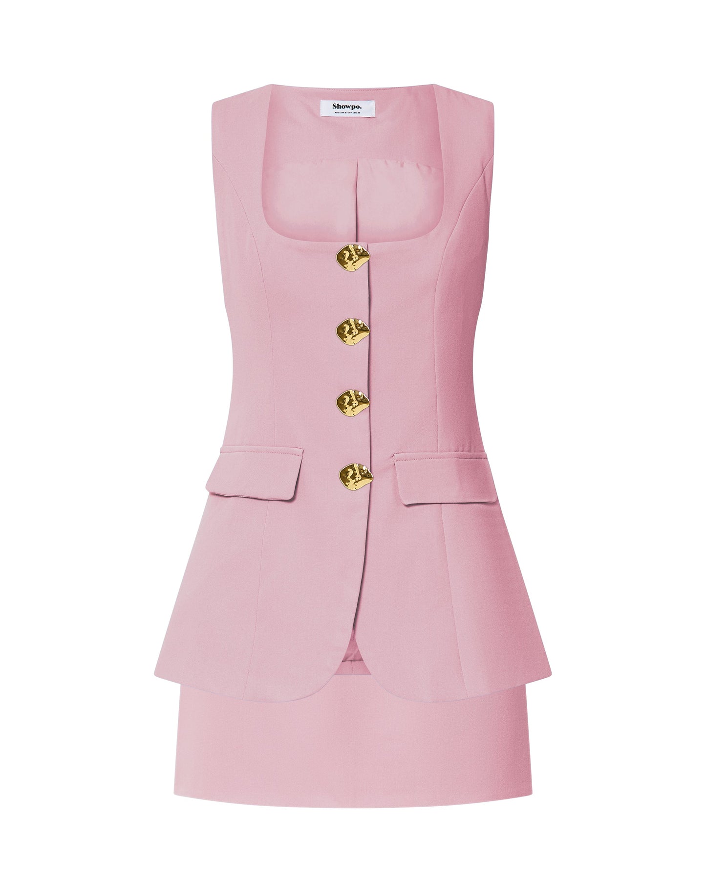 Phyllis Two Piece Set - Tailored Scoop Neck Vest Top and A Line Mini Skirt Set with Gold Buttons in Pink