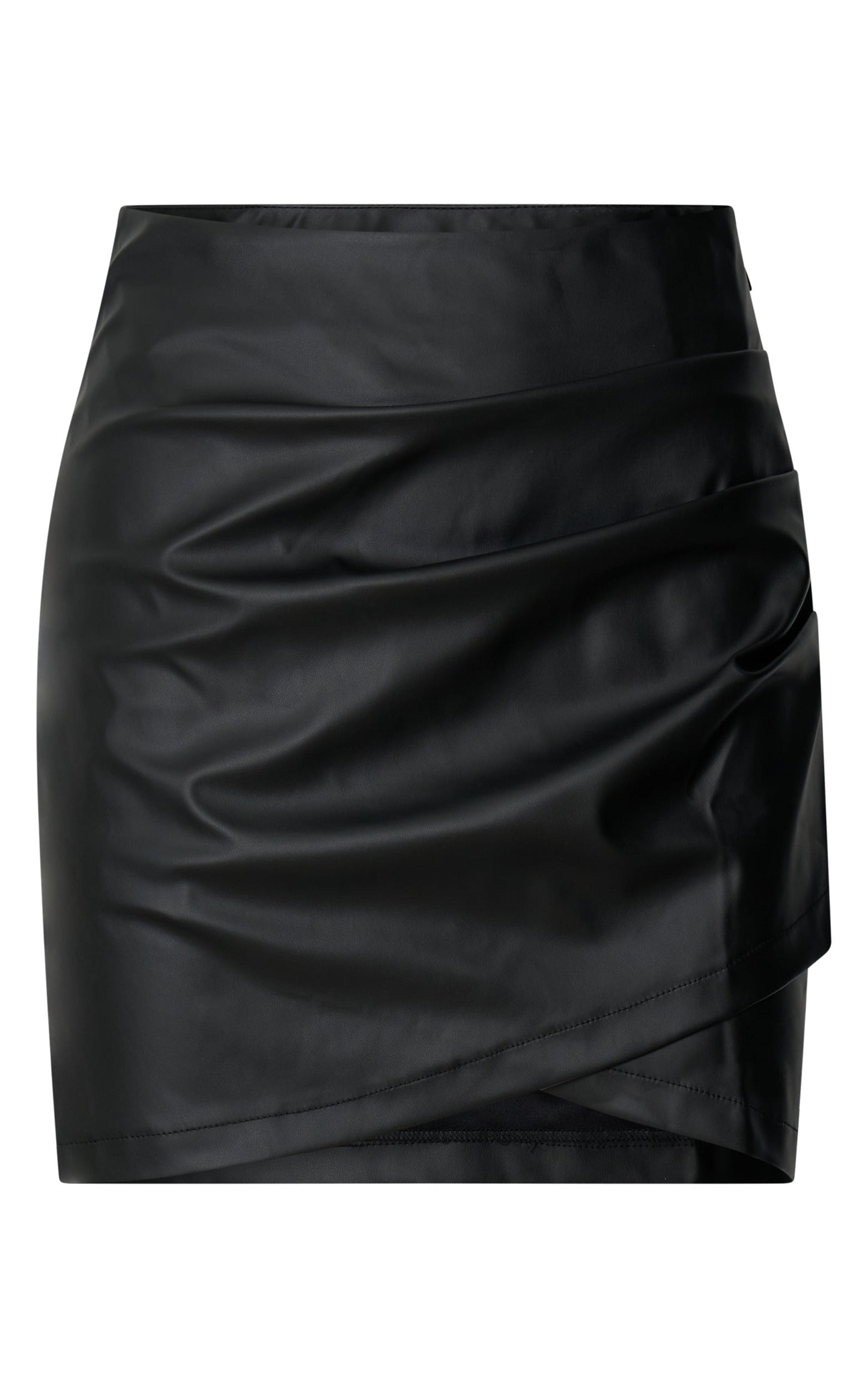 Ashlyn Mini Skirt - Faux Leather Overlap Skirt in Black