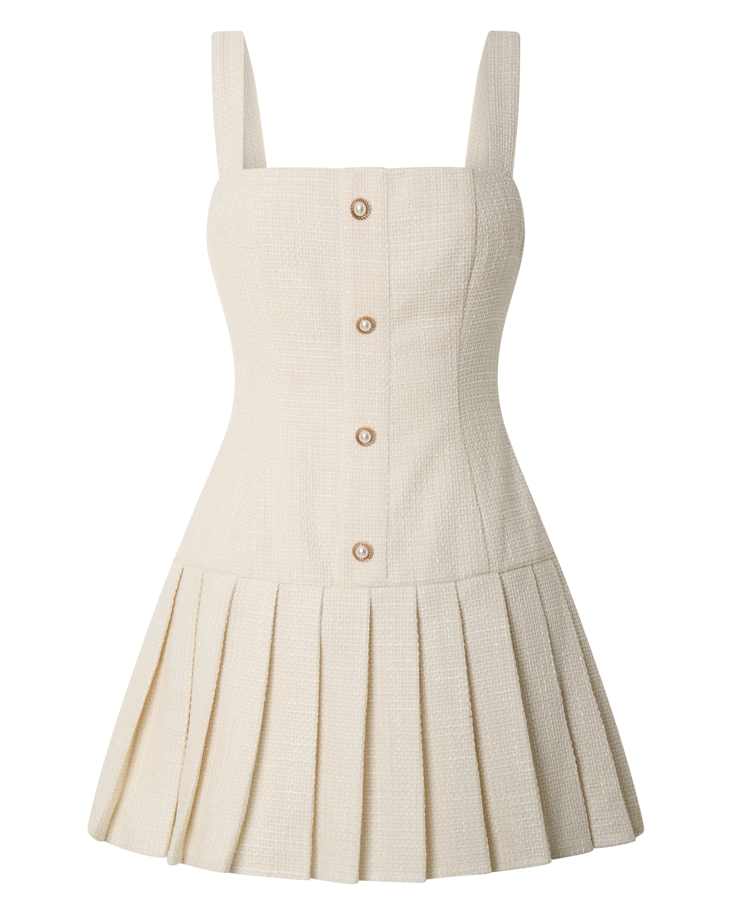 Calissa Mini Dress - Boucle Square Neck Drop Waist Pleated Dress in Cream