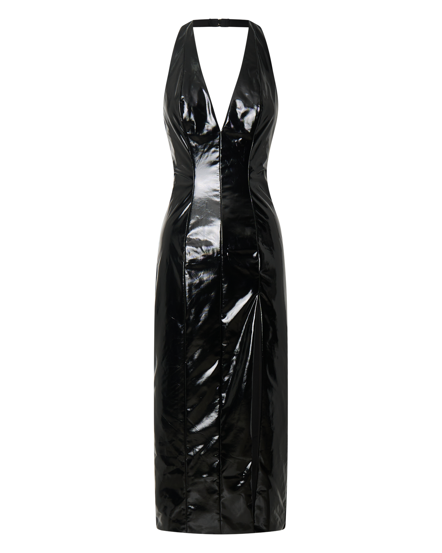 Carey Midi Dress - PU Plunge Halter Low Back High Split Dress in Black