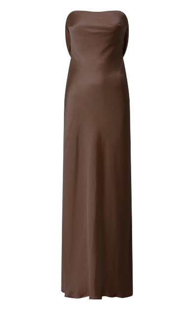 Charlita Maxi Dress - Strapless Cowl Back Satin Dress in Chocolate