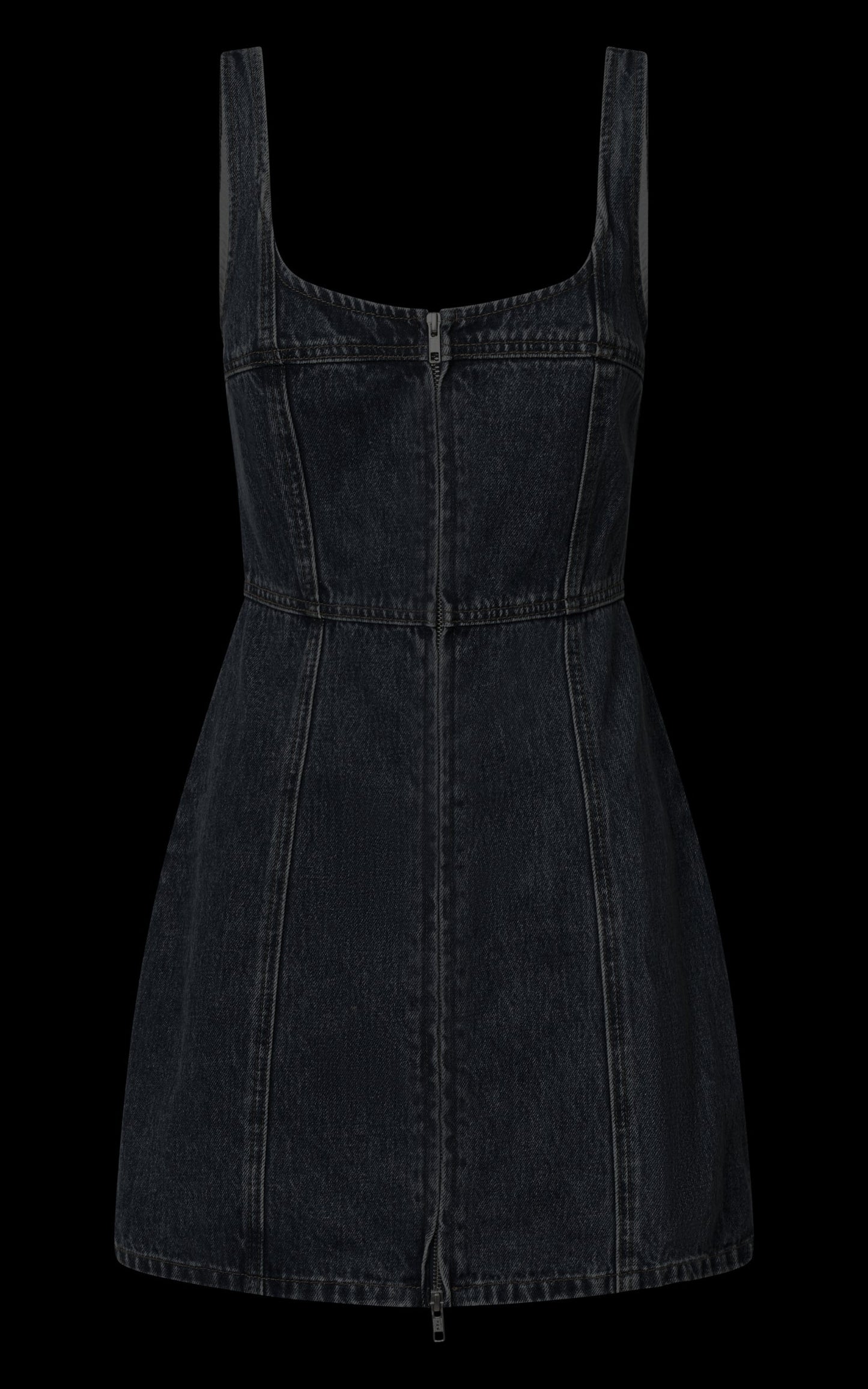 Chrysoula Mini Dress - Square Neck Zip Front Sleeveless Bodycon Denim in Washed Black