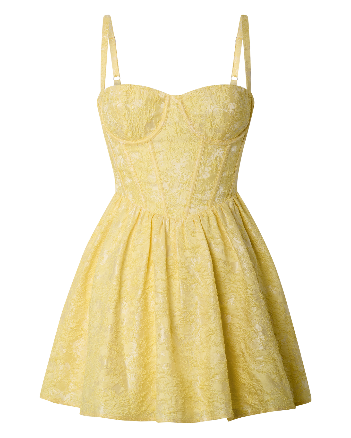Eden Mini Dress - Jacquard Sweetheart Neck Lace Up Fit And Flare Dress in Yellow