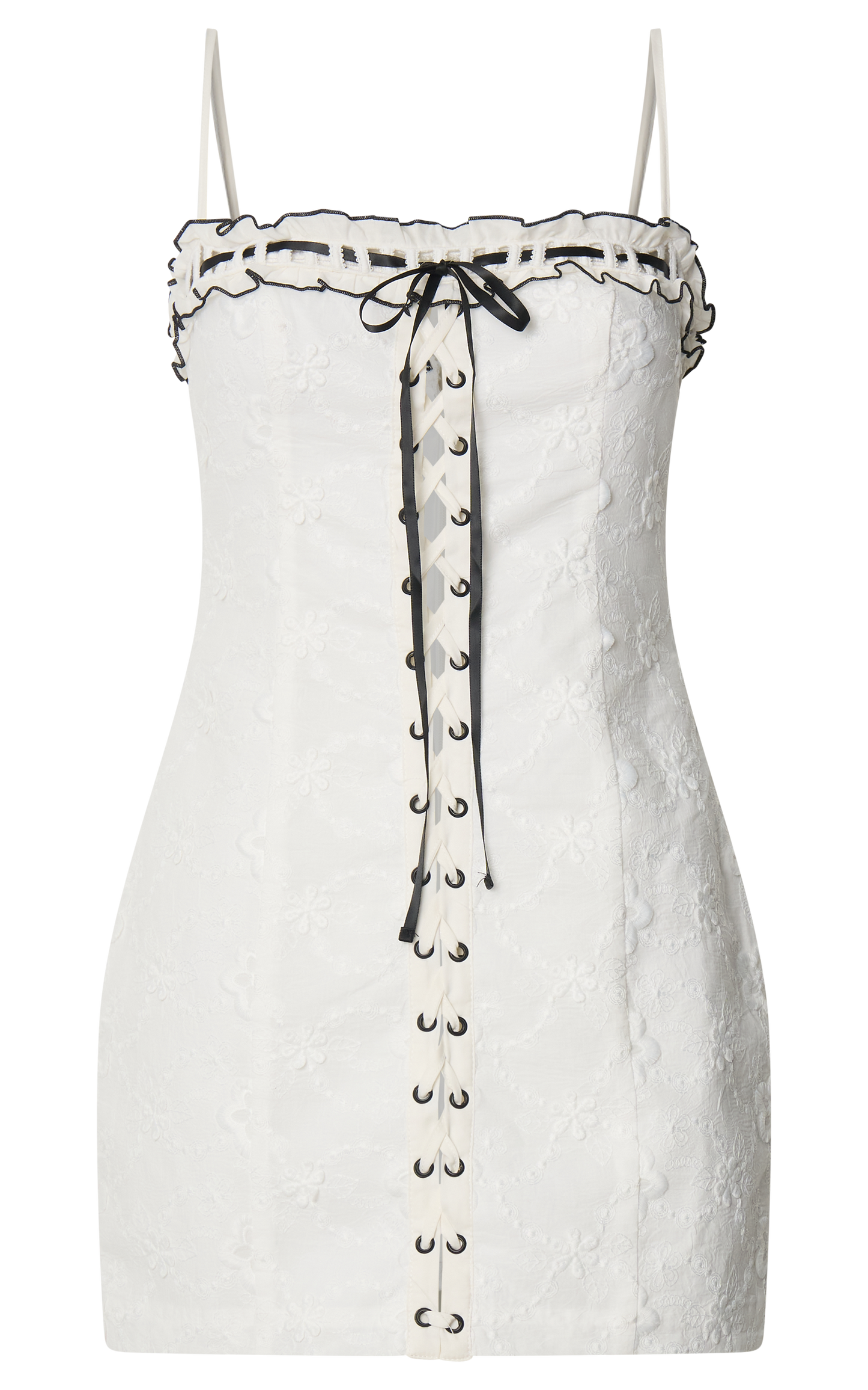 Gisele Mini Dress - Straight Neck Fitted Laced Front Dress in White