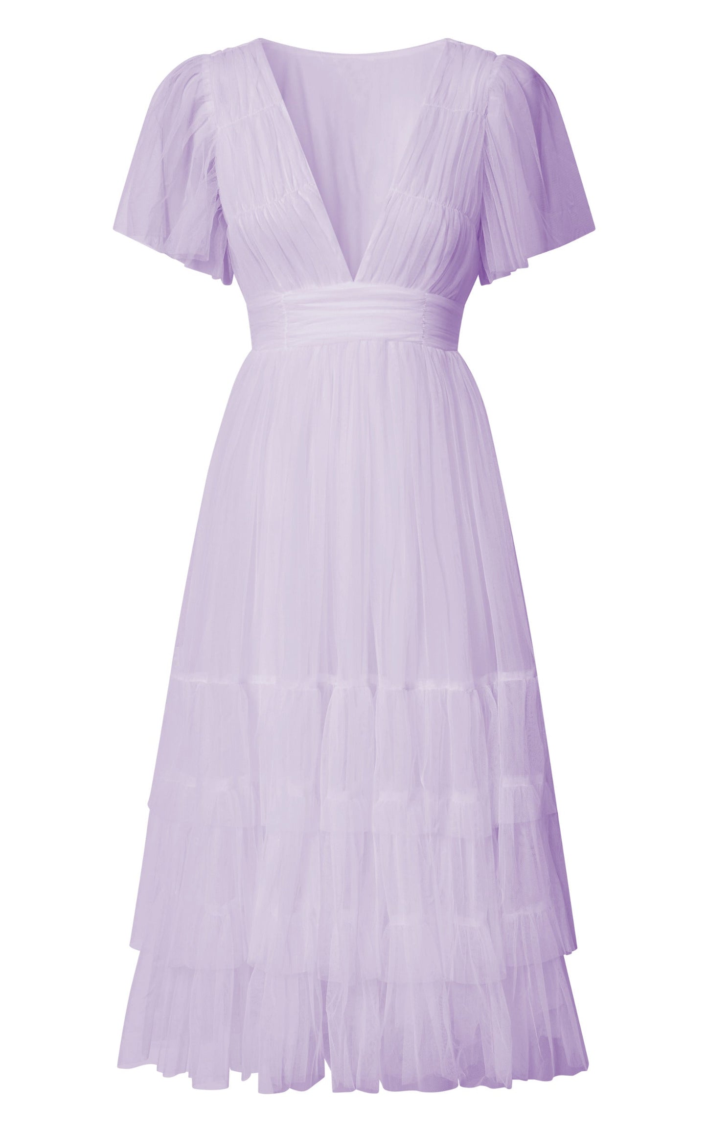 Jiraye Midi Dress - Flutter Sleeve Tuelle Plunge Dress in Lilac